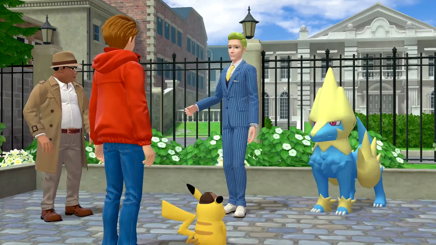 Stripverhaal: Twee mannen, een Pikachu en een blauw-geel wezen buiten een gebouw. De omgeving is zonnig.