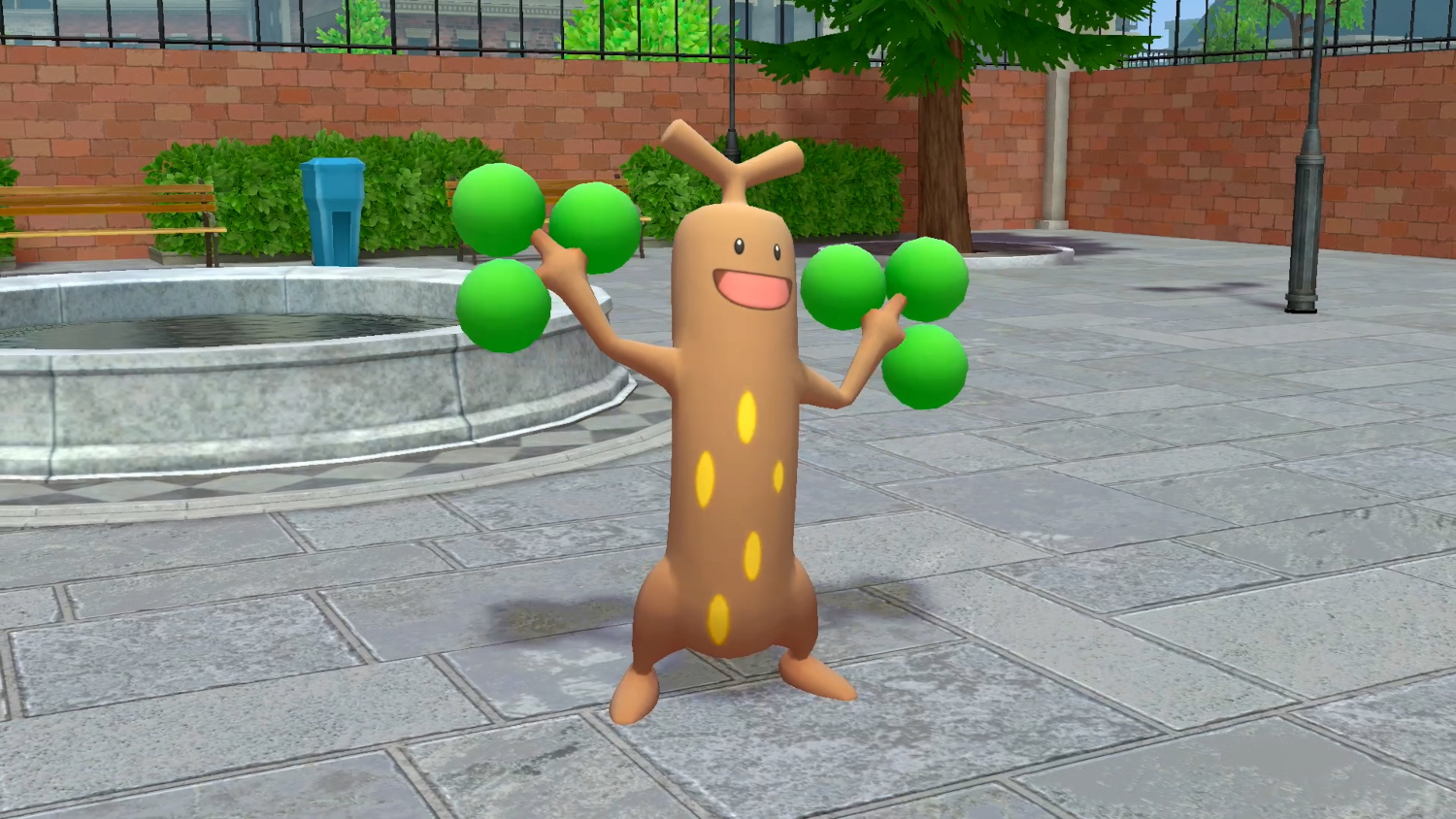 Stripfiguur met groene ballen in het park.