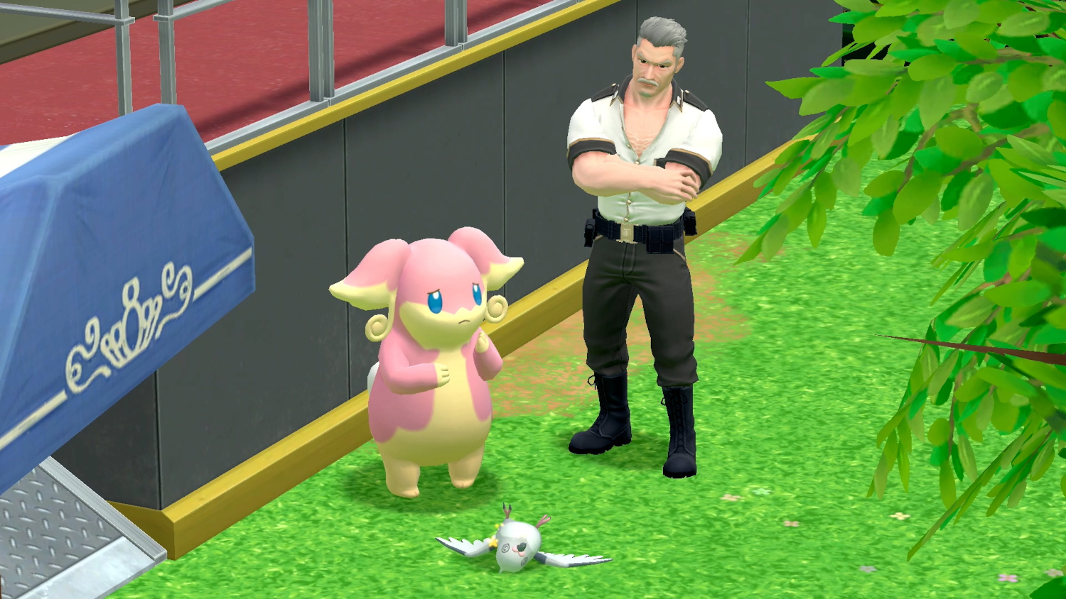 Geanimeerde scène. Man in uniform en een roze Pokemon met een dode witte vogel op groen gras.