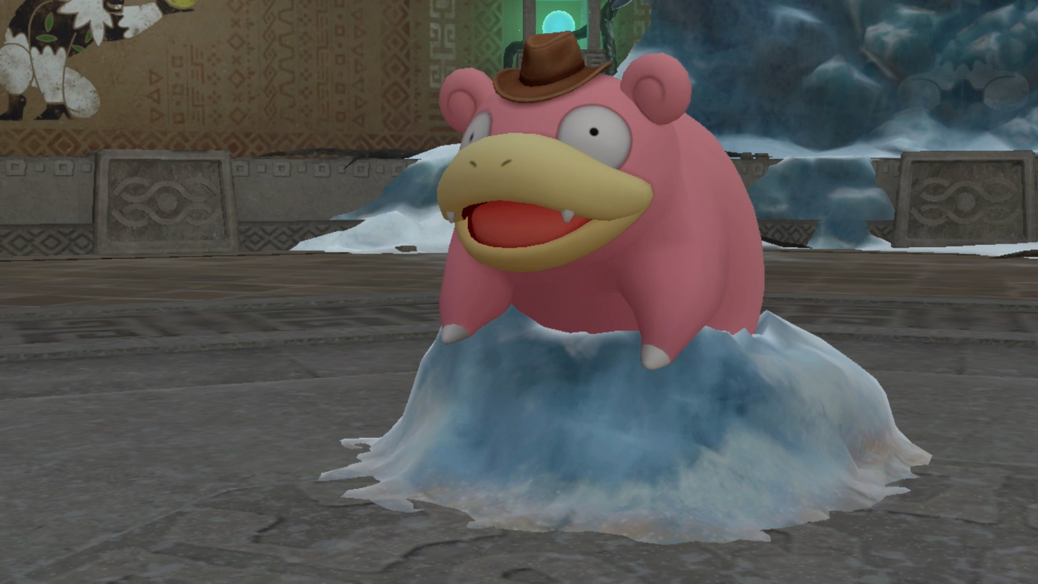 Een roze Slowbro met hoed op ijs, in een besneeuwde Pokémon-scène.