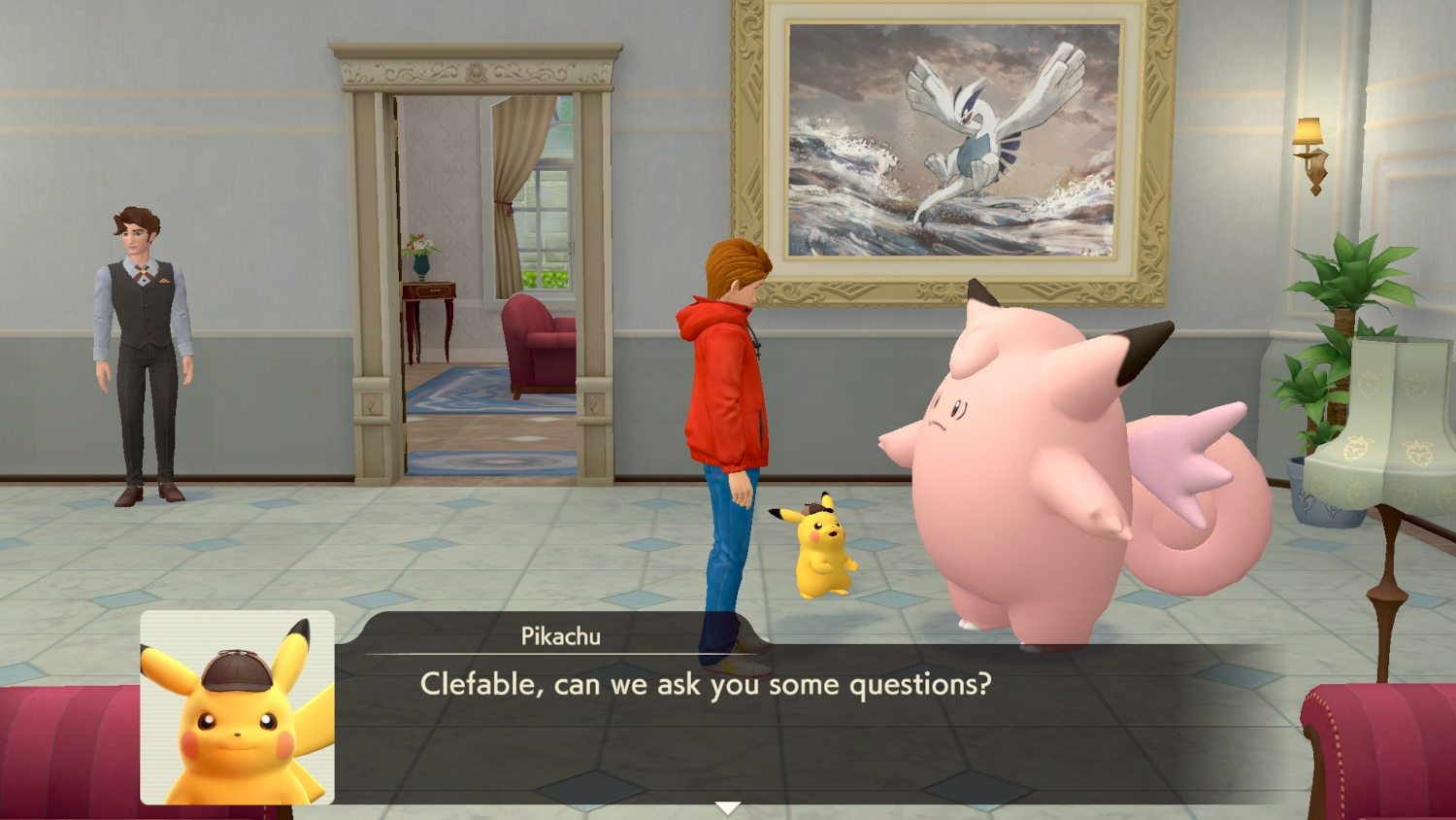 Pokémon-scène met Pikachu, Clefable en twee personages in een kamer met een schilderij.