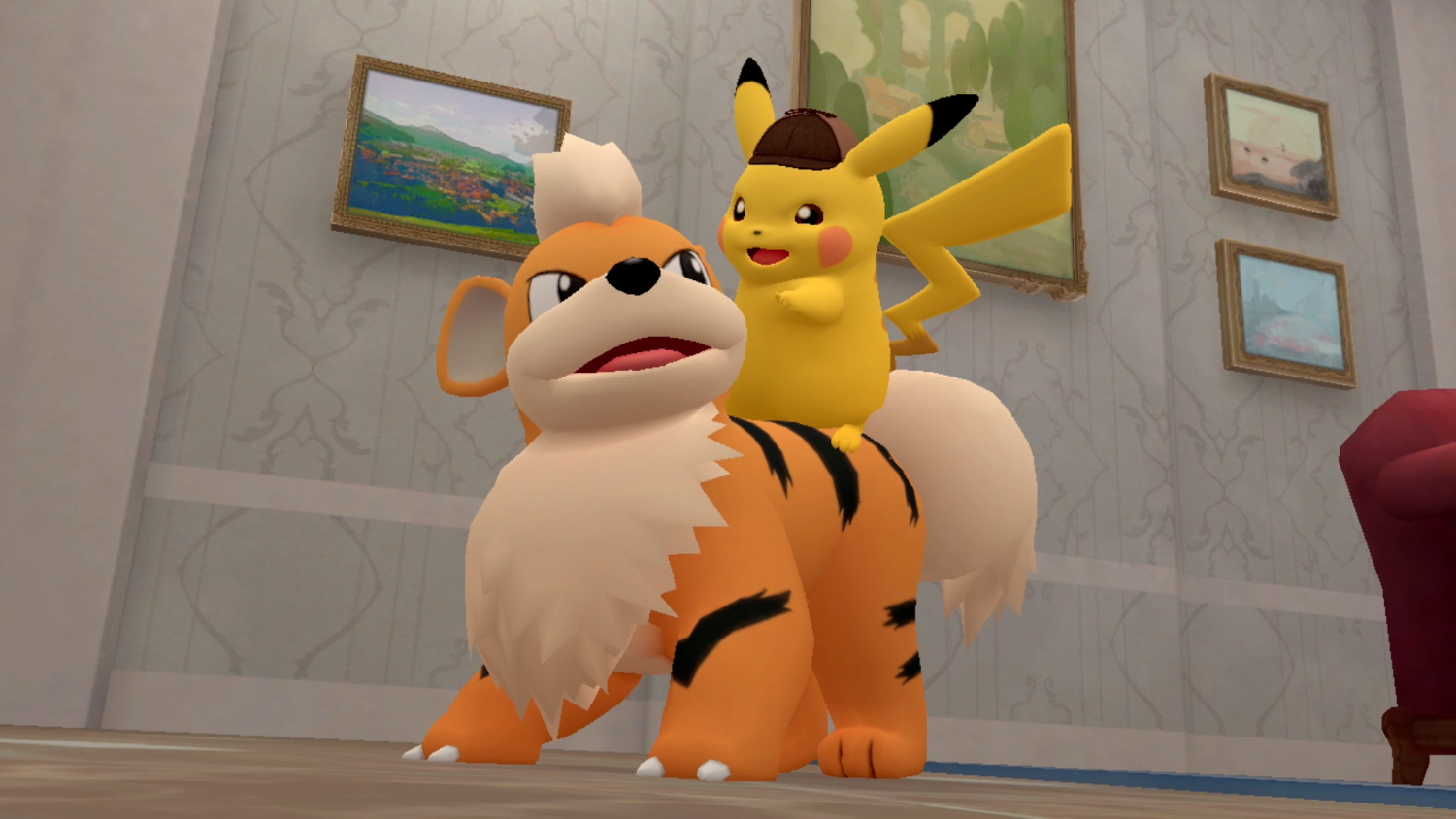 Pikachu rijdt op een oranje hond in een kamer met schilderijen aan de muur. Cartoonstijl.