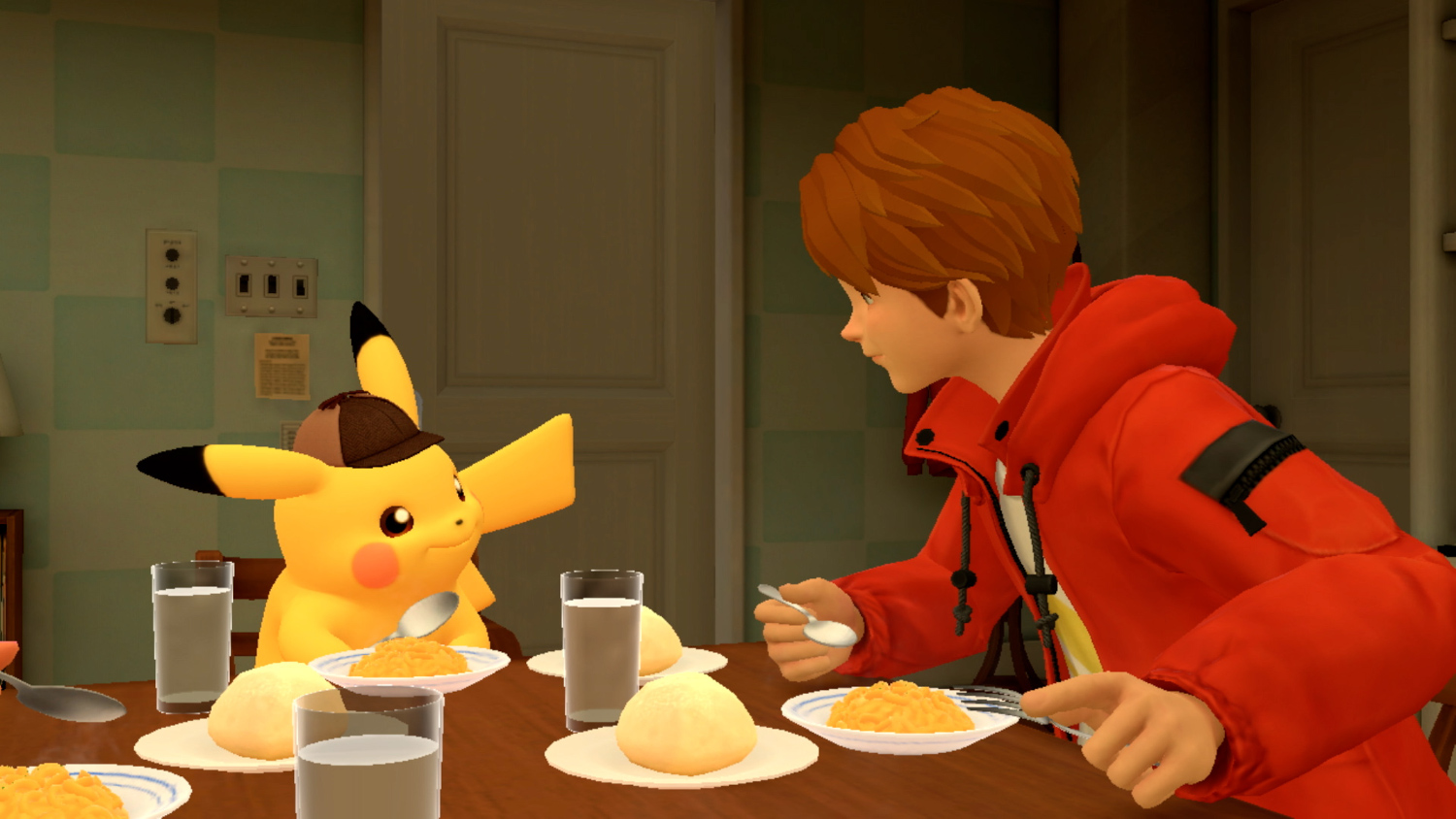 Pikachu en een jongen zitten aan tafel te eten. Een tafel met eten staat op de voorgrond.