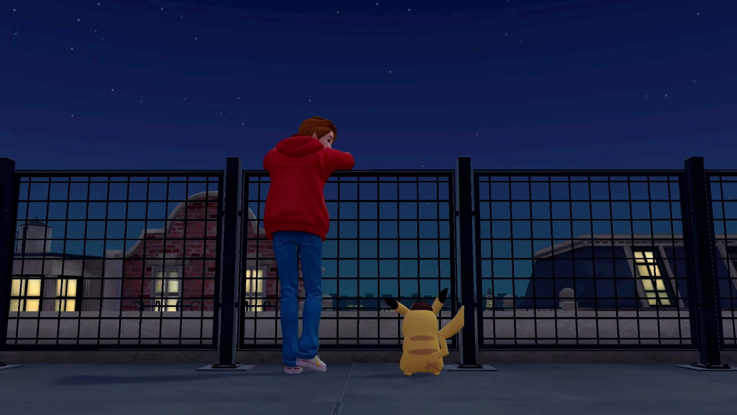 Een persoon en Pikachu staan 's nachts op een dak.