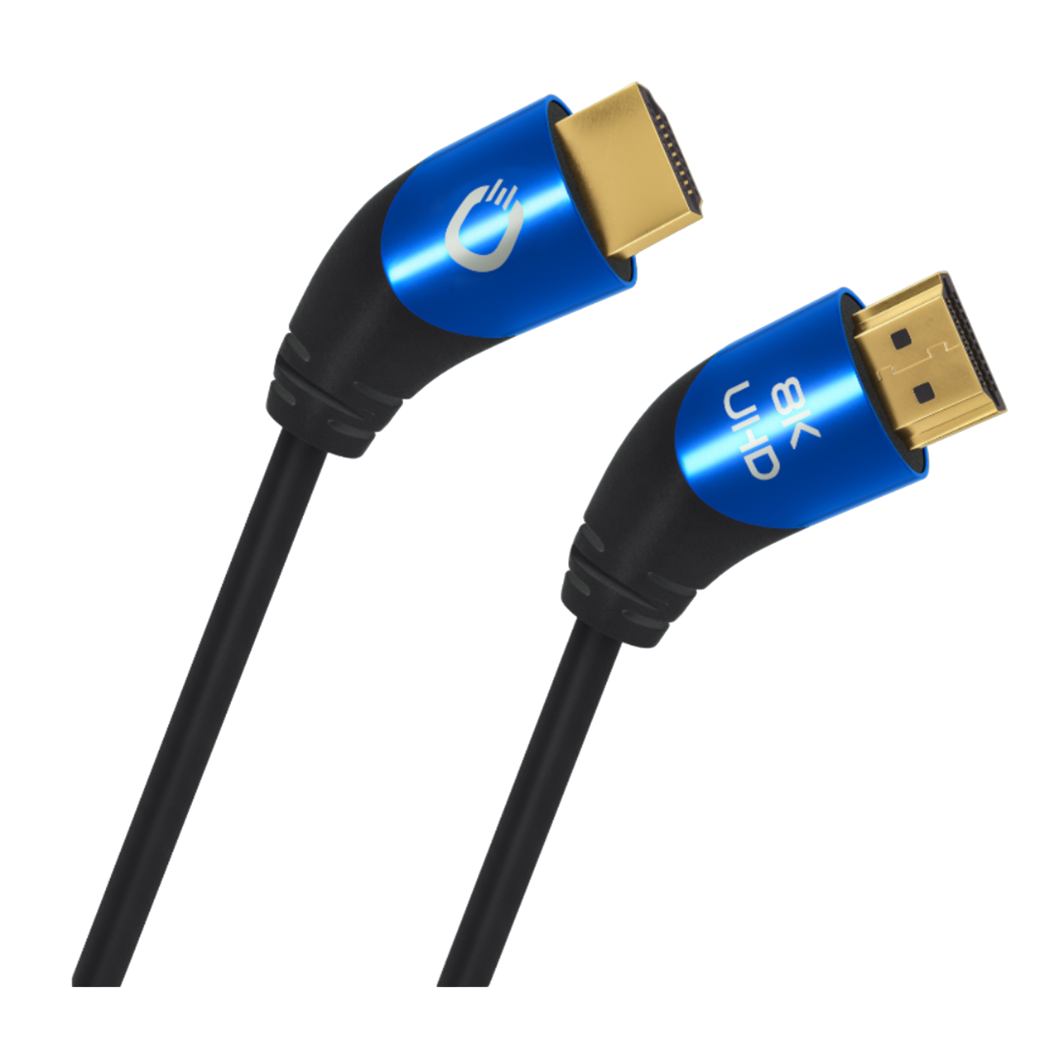 Câble HDMI bleu et noir, avec des connecteurs dorés. Le câble porte l'inscription '8K UHD'.
