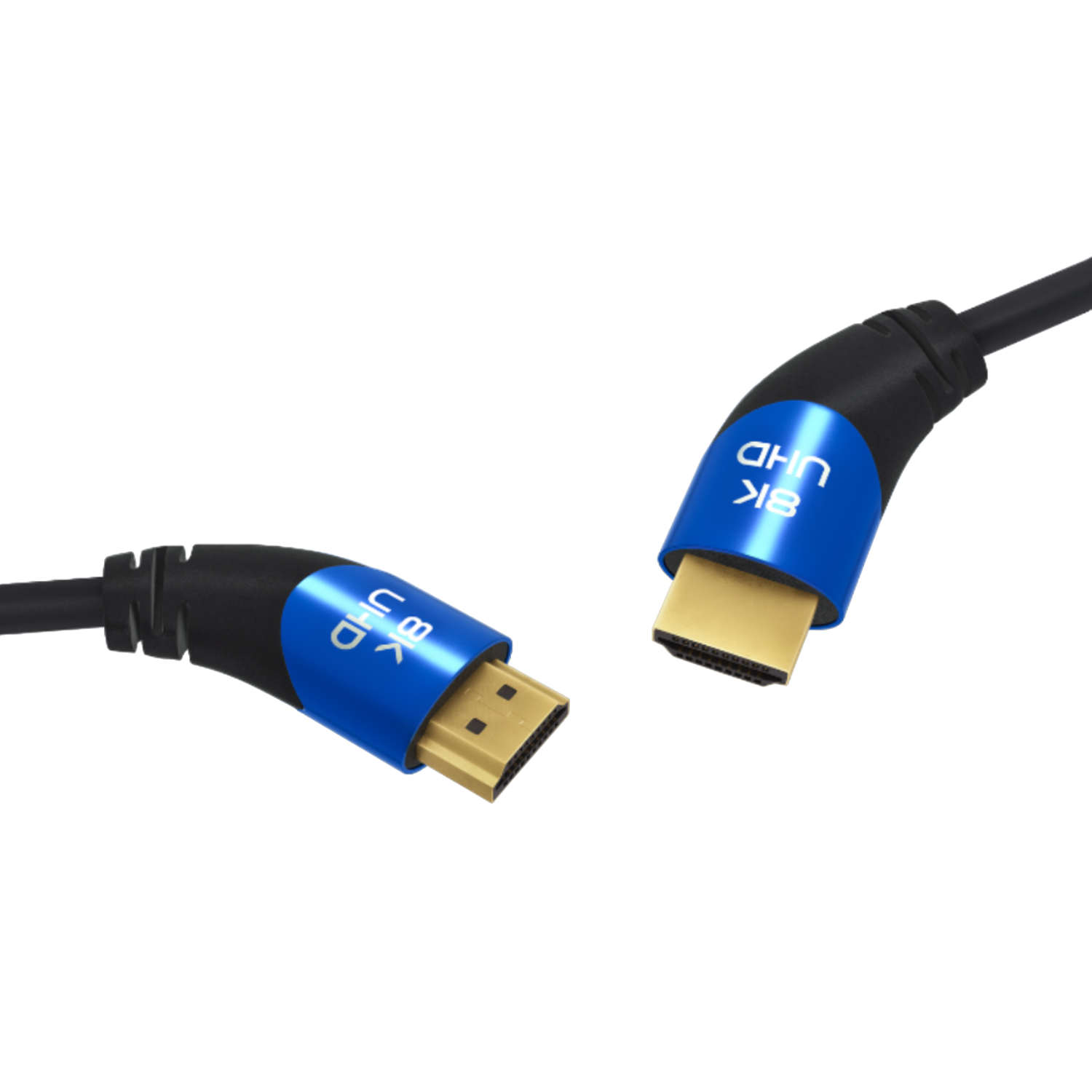 Câble HDMI. Connecteurs bleus avec l'étiquette 8K UHD. Câble noir. Fond noir.
