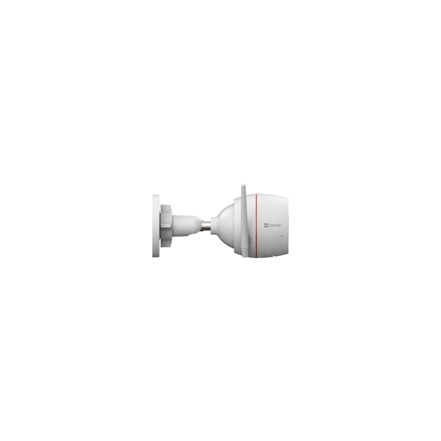 White security camera on a wall, with a red stripe. It is mounted on a white bracket.