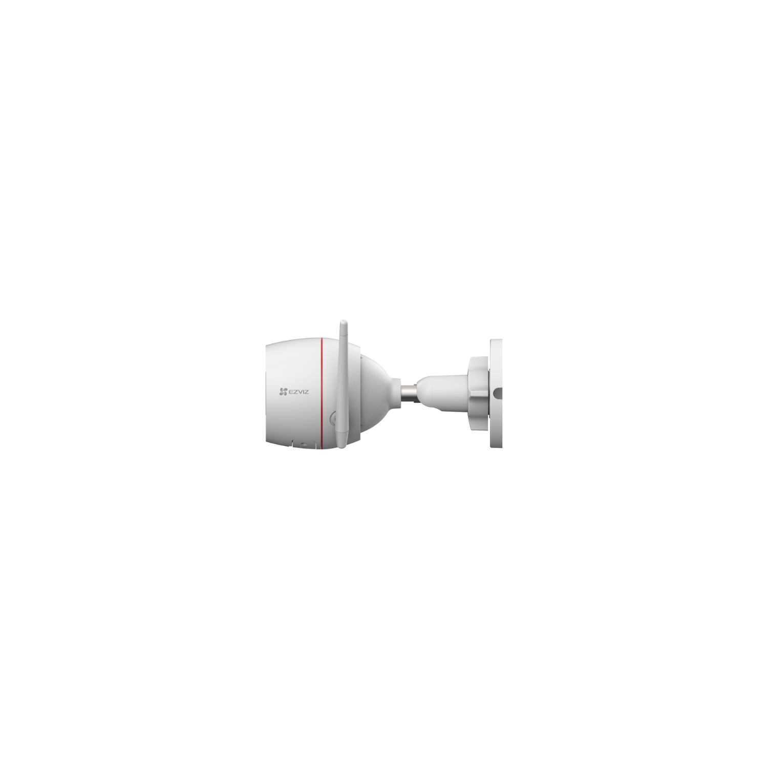 A white EZVIZ security camera mounted on a bracket against a black background.