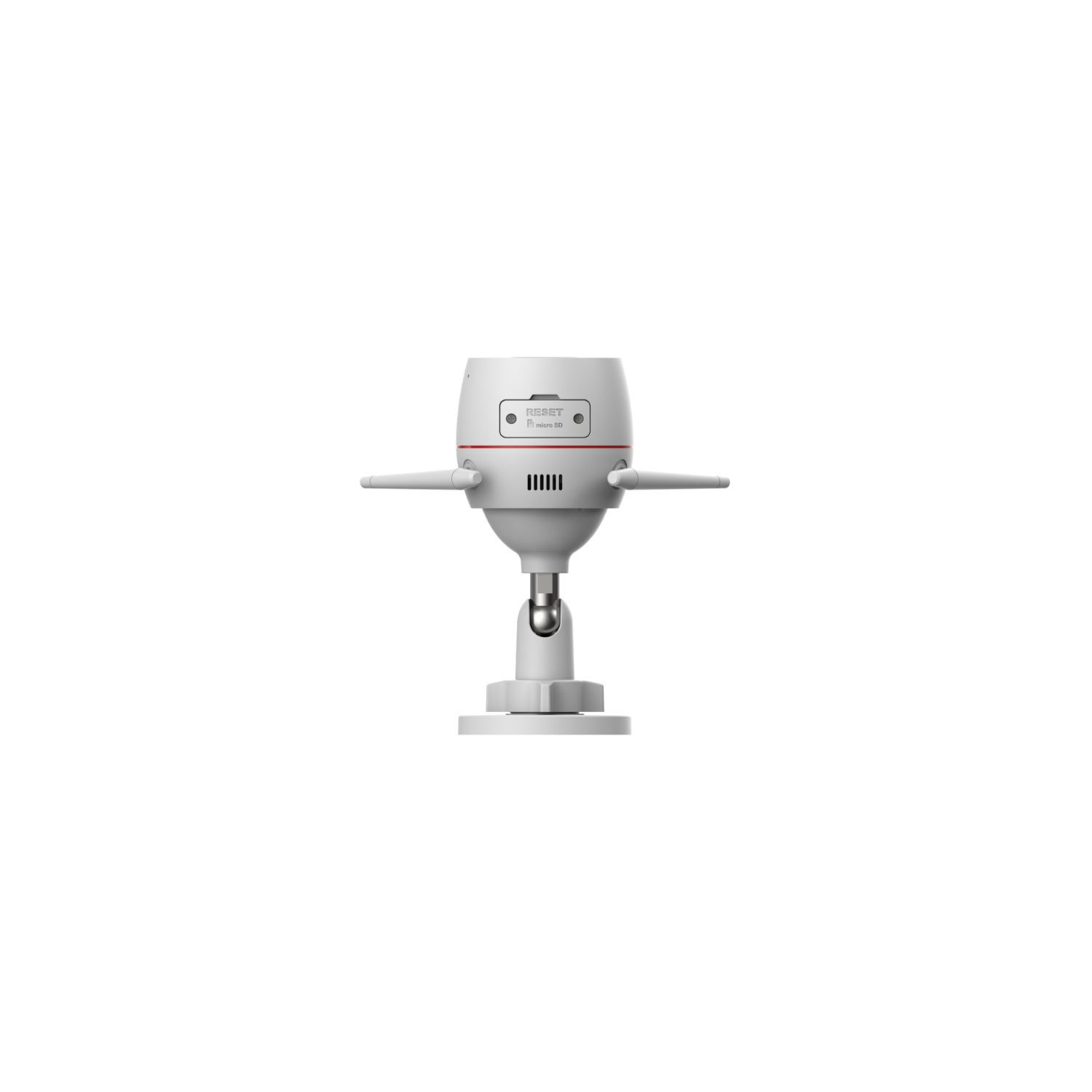 A white security camera with two wings extending from the sides, on a ball joint and black background.