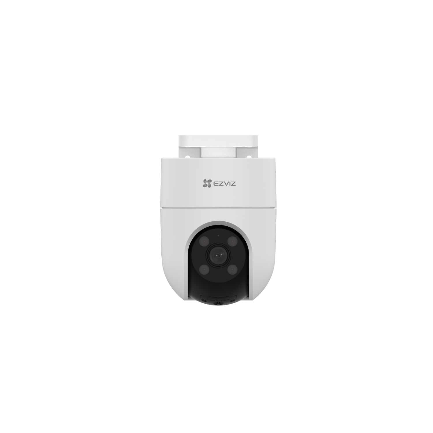 Een witte beveiligingscamera met zwarte lens. De camera is gemonteerd op een wit oppervlak. Zwarte achtergrond.