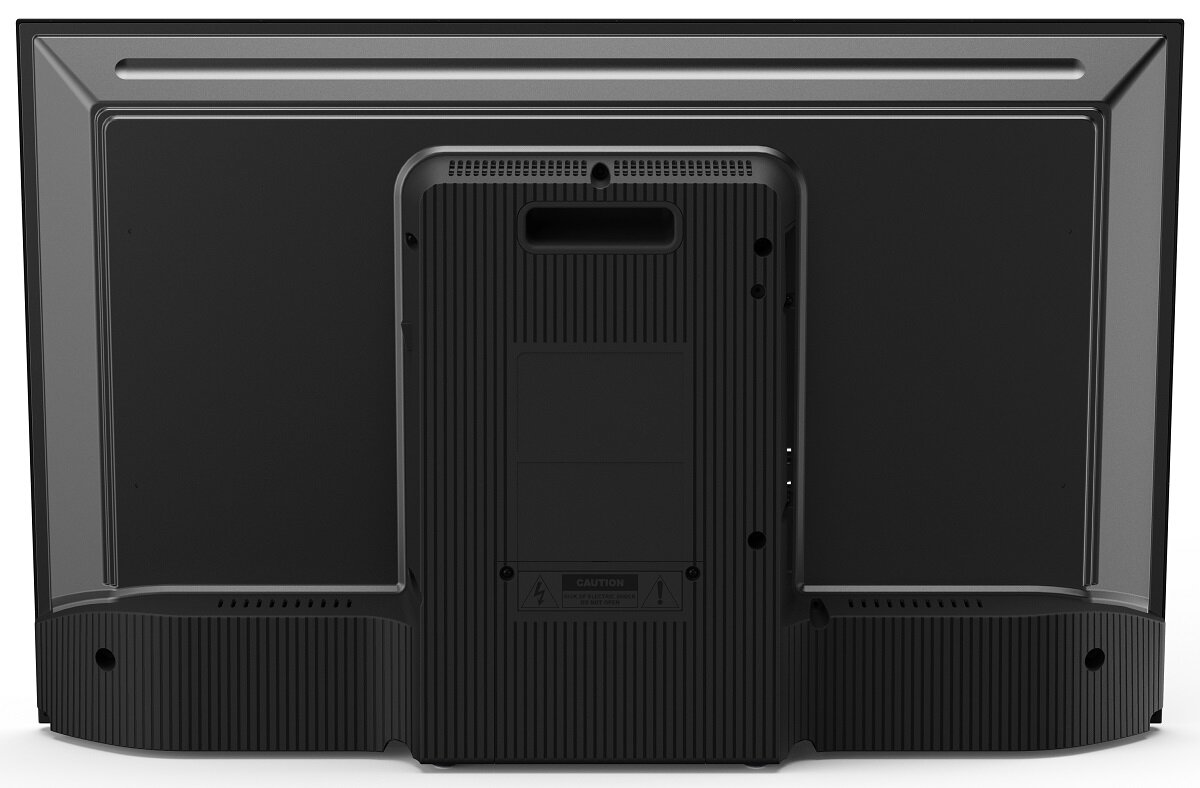 Tył czarnego telewizora, pokazujący porty, etykietę z ostrzeżeniem i żebrowany tył.