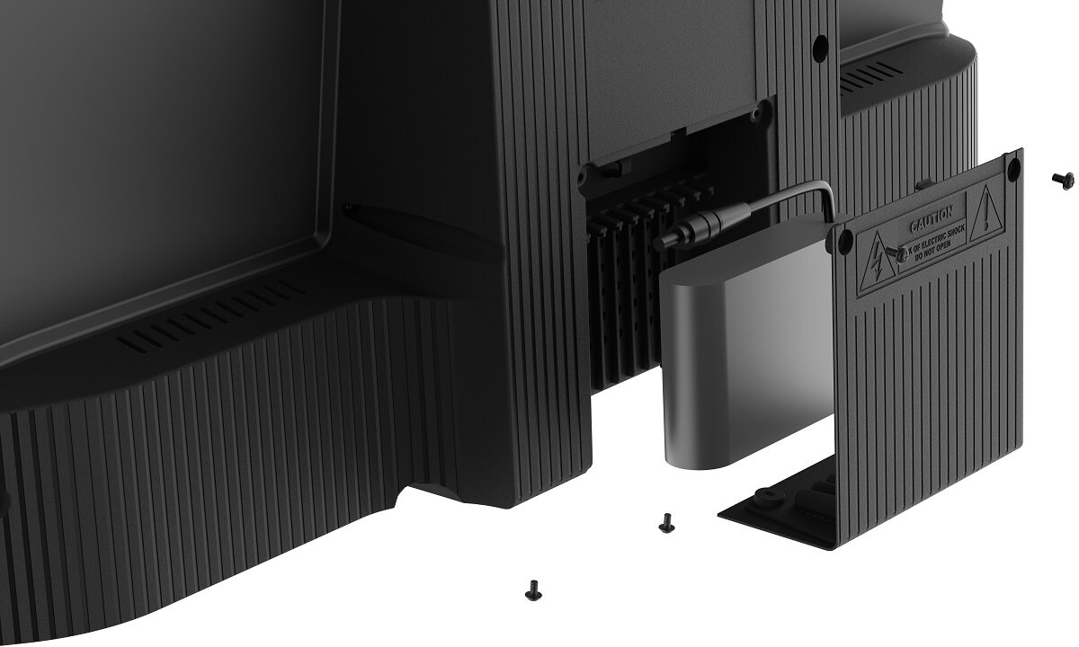 Tył czarnego telewizora z zdjętą pokrywą, widoczne śruby.