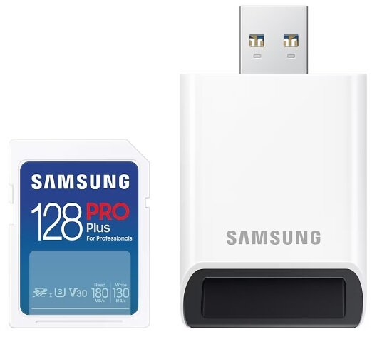 Karta SD Samsung Pro Plus i czytnik kart USB Samsung. Oba są białe, z marką Samsung. Karta SD ma szczegóły.