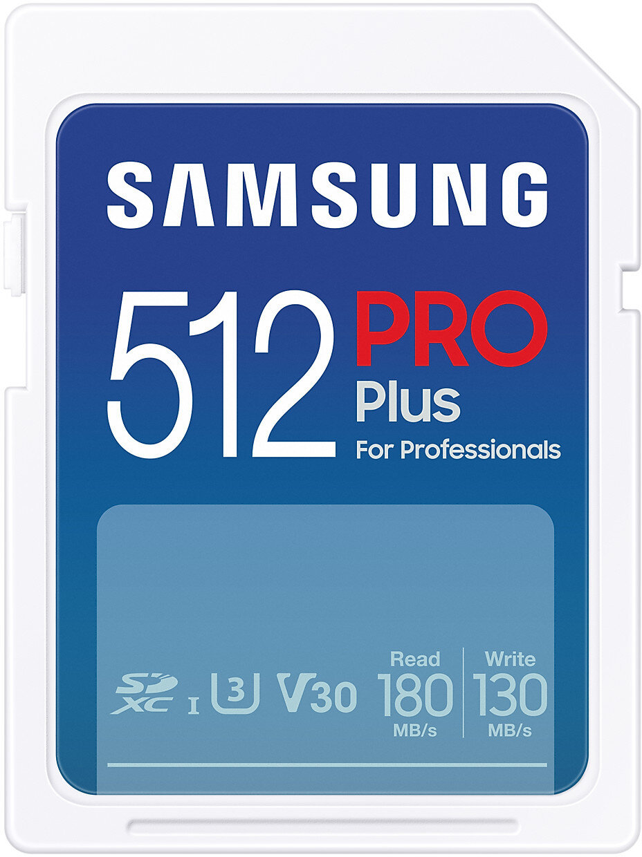 Karta SD Samsung 512 PRO Plus, niebieska z białym tekstem i czerwonym PRO Plus.