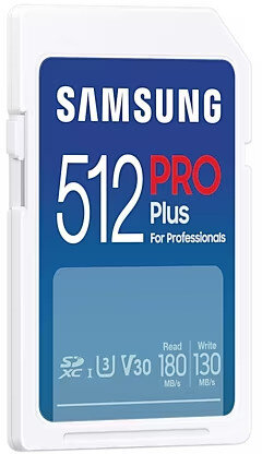 Biała karta SD Samsung 512 Pro Plus. Niebieska etykieta, białe tło.