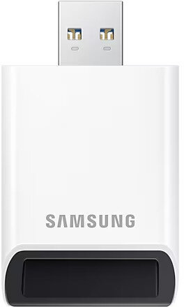 Biały pendrive Samsung z czarnym końcem.