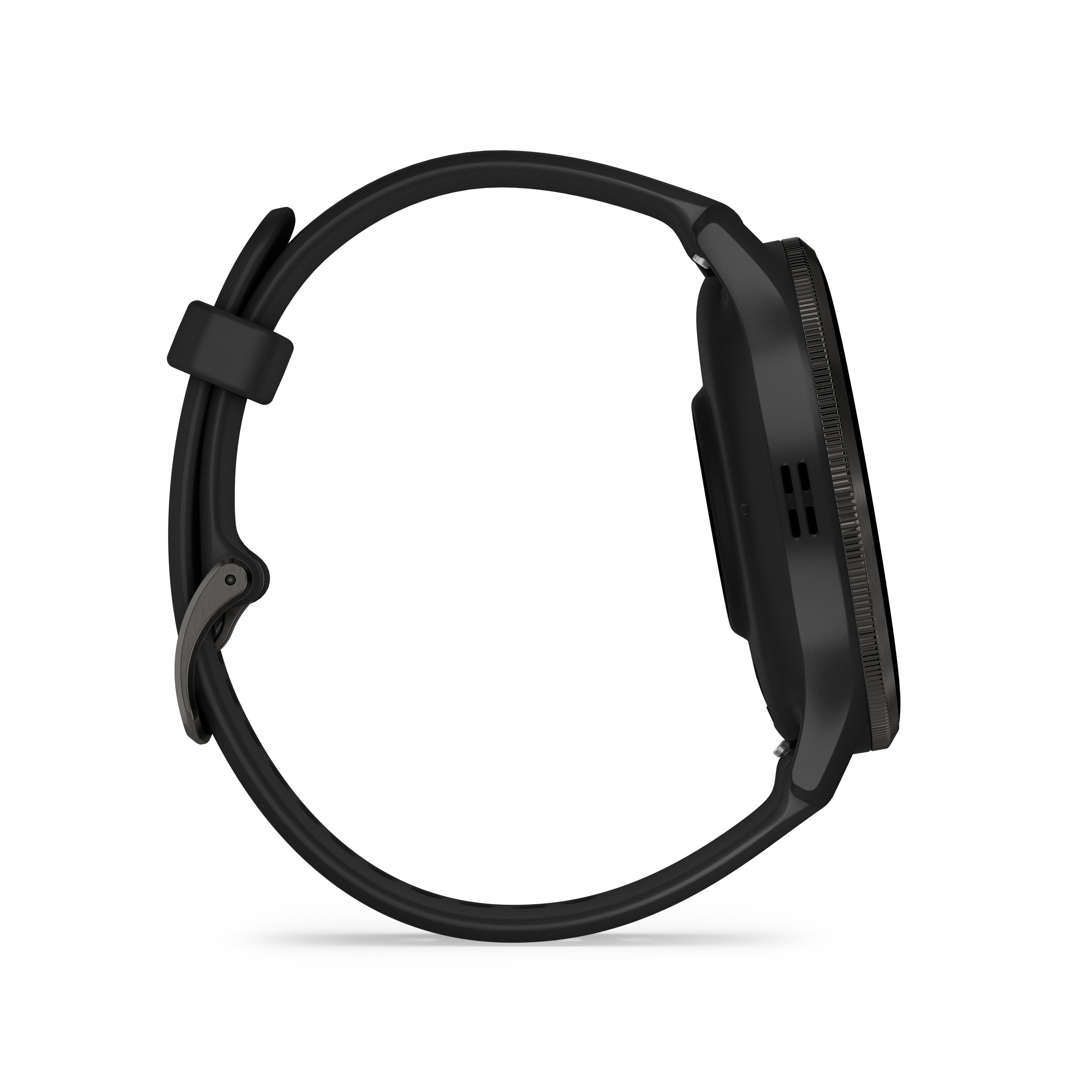 Czarny smartwatch Garmin. Widok z boku, pokazujący pasek i ekran. Białe tło.