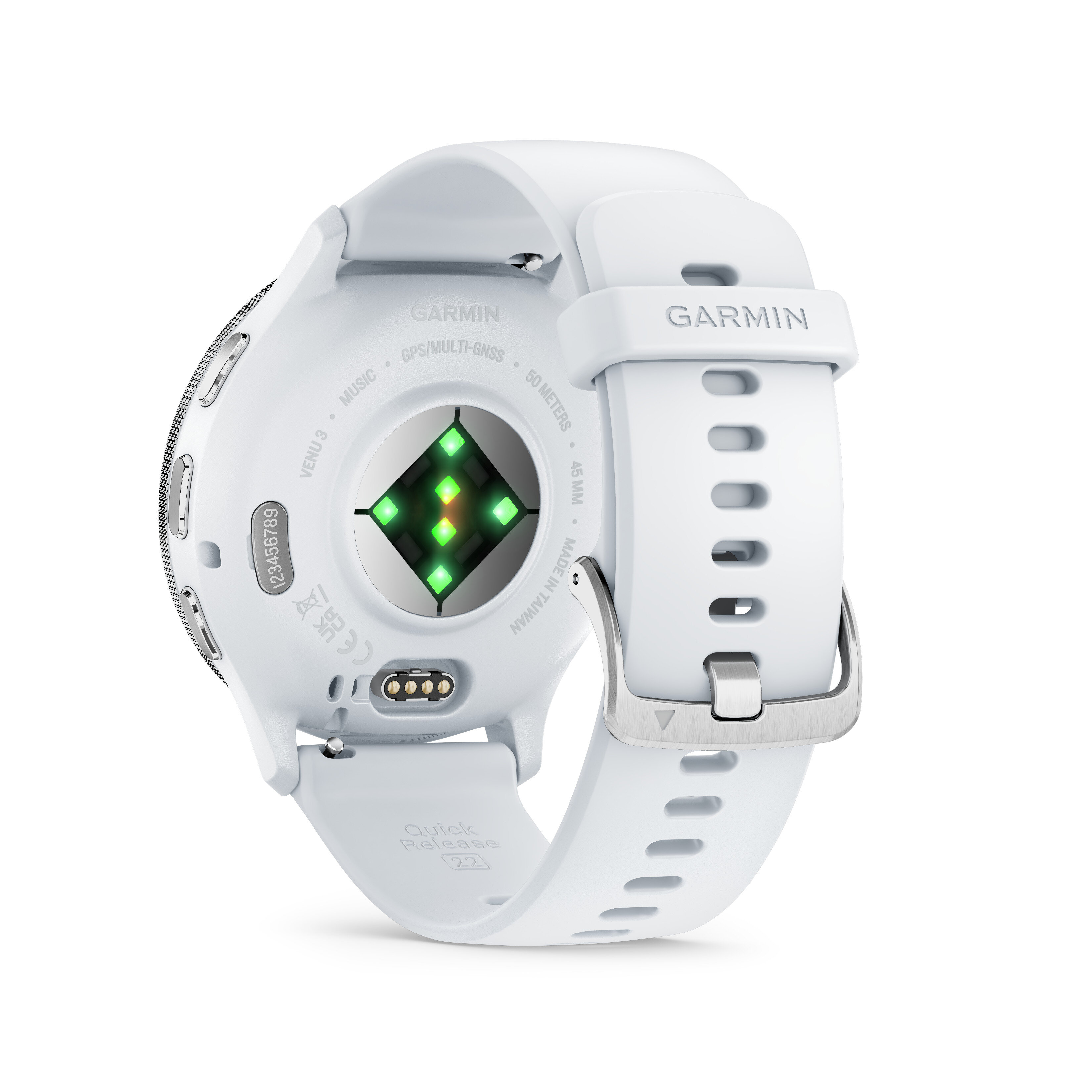 Biały smartwatch Garmin z paskiem. Widok z tyłu pokazujący czujniki i zielone światło.