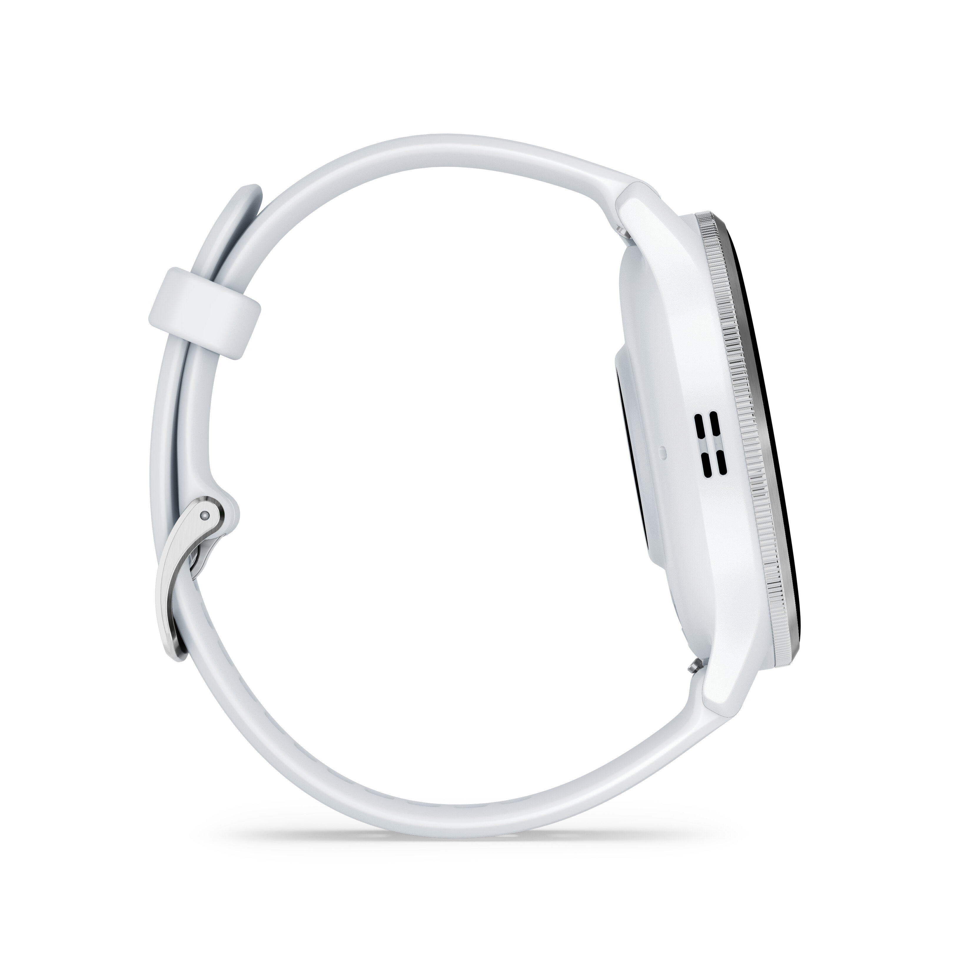 Biały smartwatch z białym paskiem, widok z boku, pokazujący tarczę zegarka i szczegóły paska.
