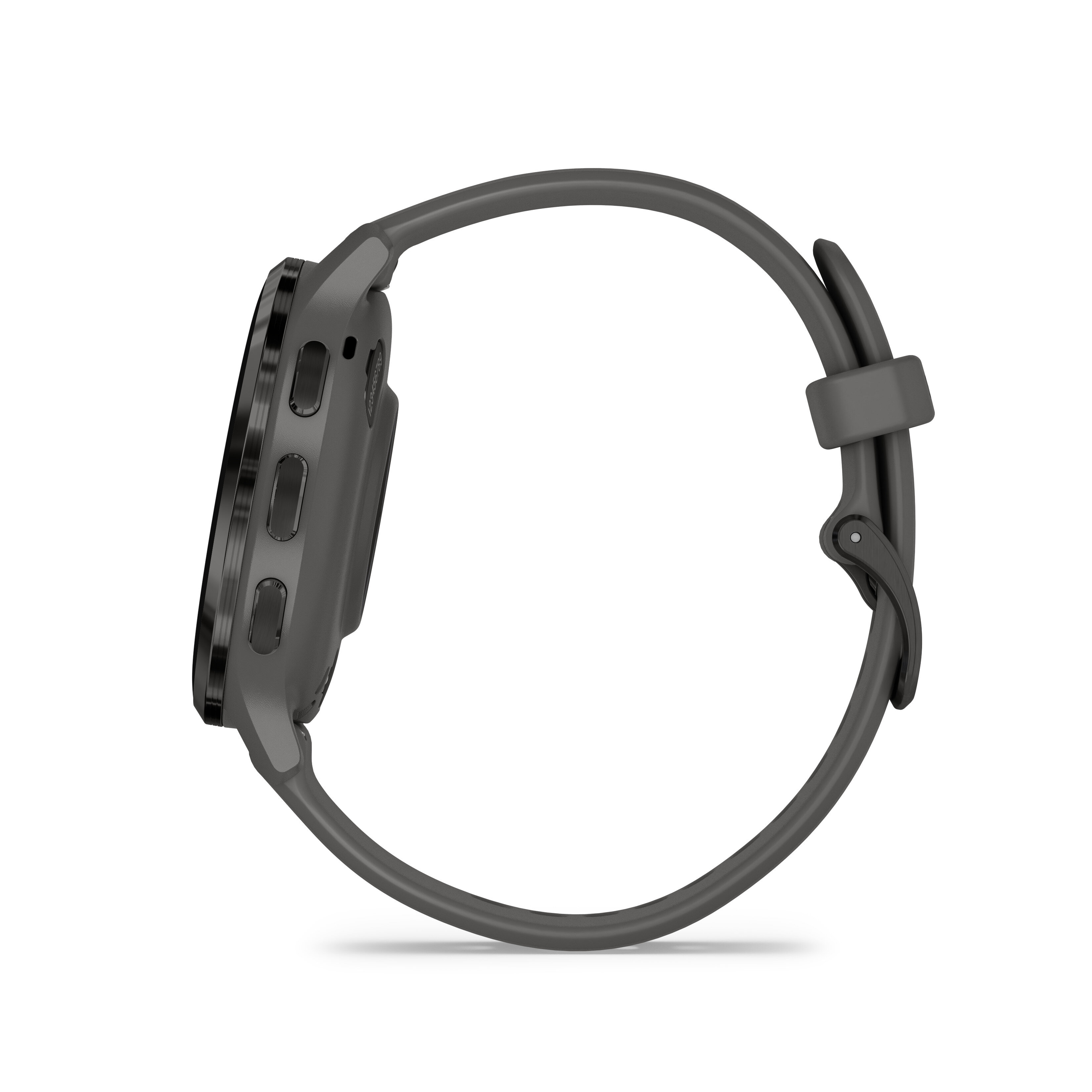 Widok z boku szarego smartwatcha Garmin z paskiem, na białym tle.