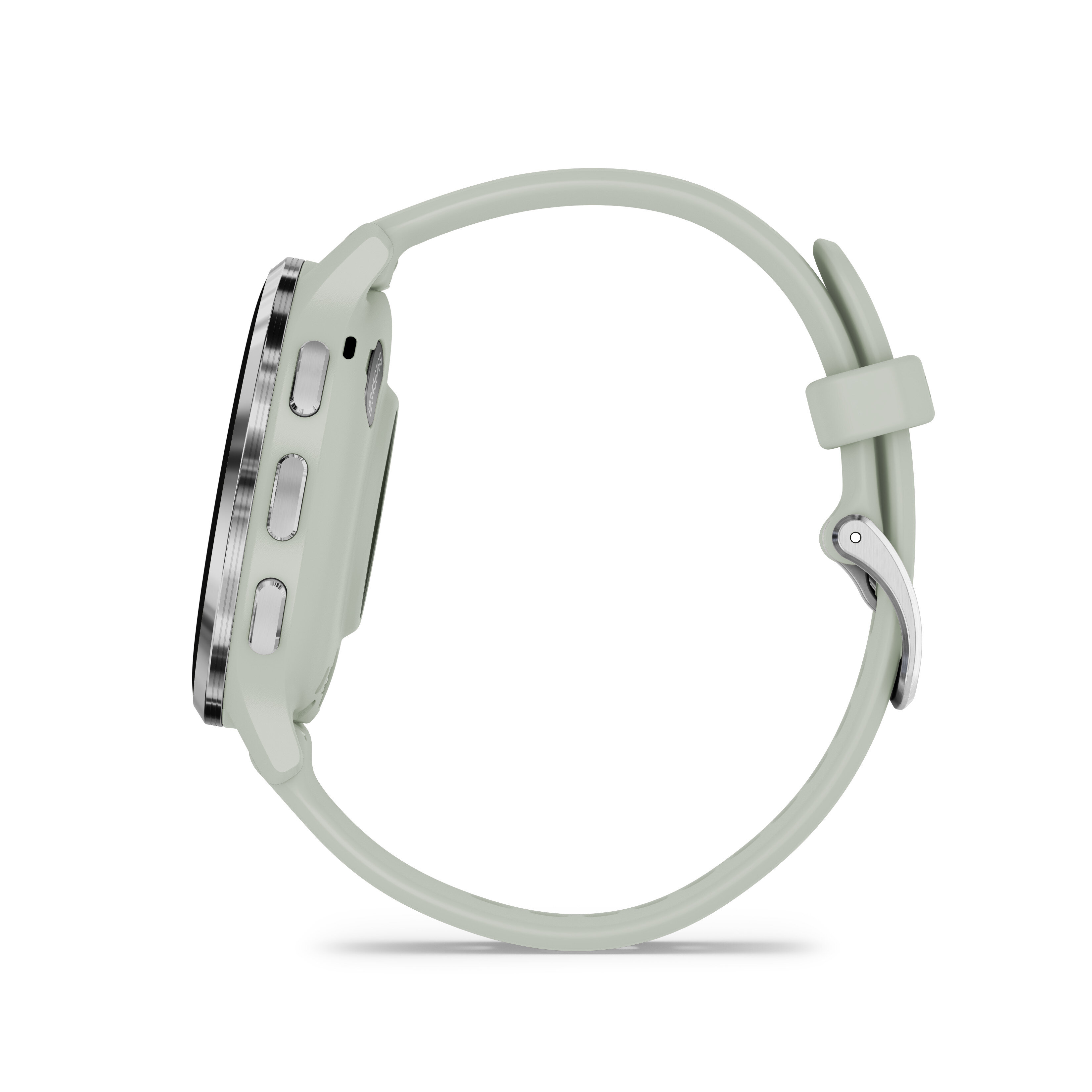 Jasnozielony smartwatch na białej powierzchni. Zegarek ma jasnozielony pasek i srebrne przyciski. Widok z boku.