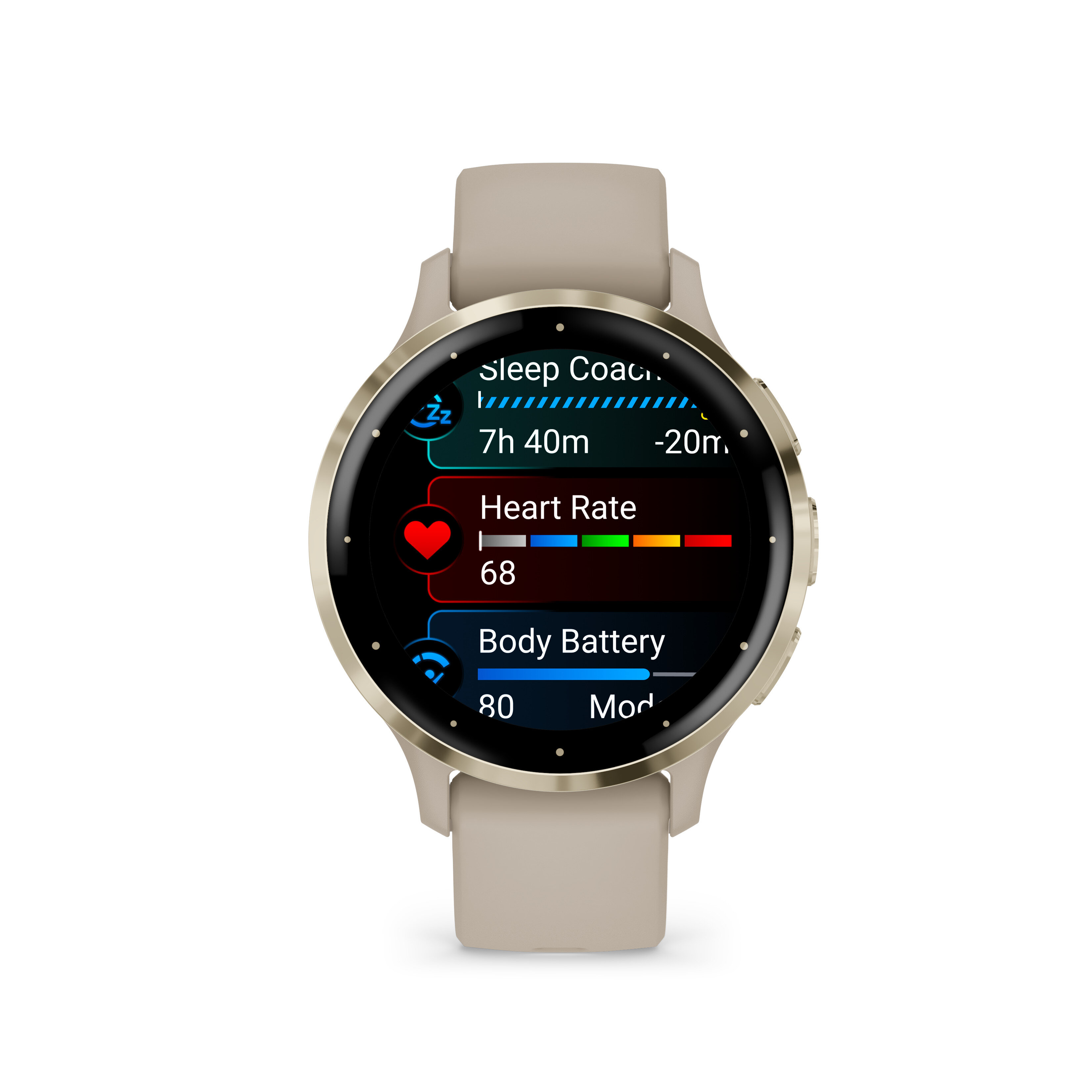 Smartwatch wyświetlający informacje o śnie, tętnie i baterii.