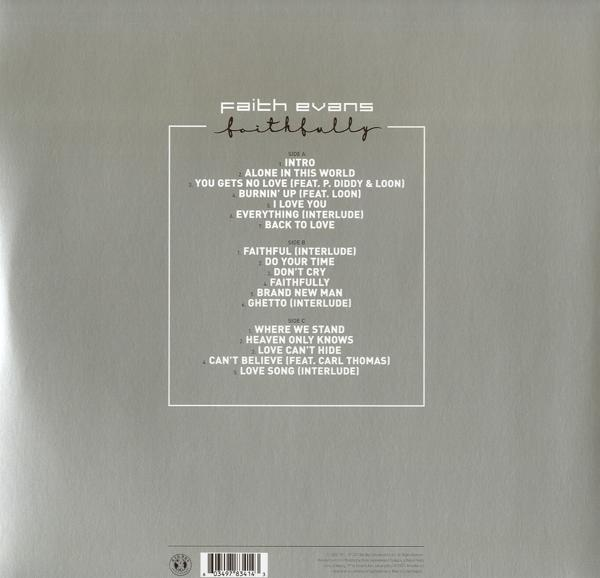 Vinyl albumhoes voor Faith Evans' "Faithfully" album, met tracklijst. De achtergrond is zilver.