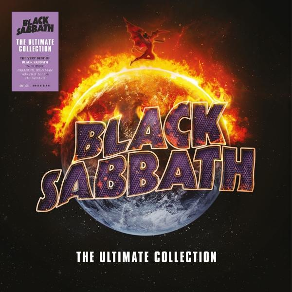 Albumhoes: Black Sabbath, The Ultimate Collection. Aarde omcirkeld door vlammen, vleermuisfiguur erboven. Paarse en oranje tinten domineren.