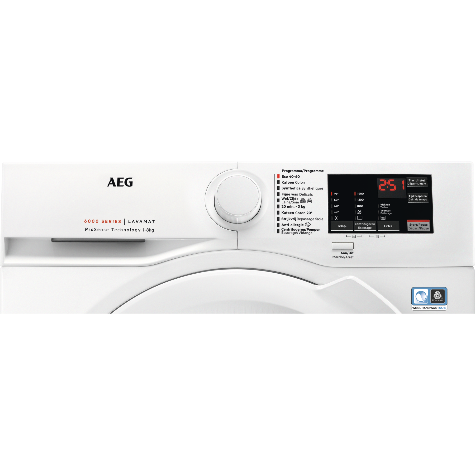White AEG Lavamat washing machine. Features a dial, buttons, and a digital display showing settings and time.