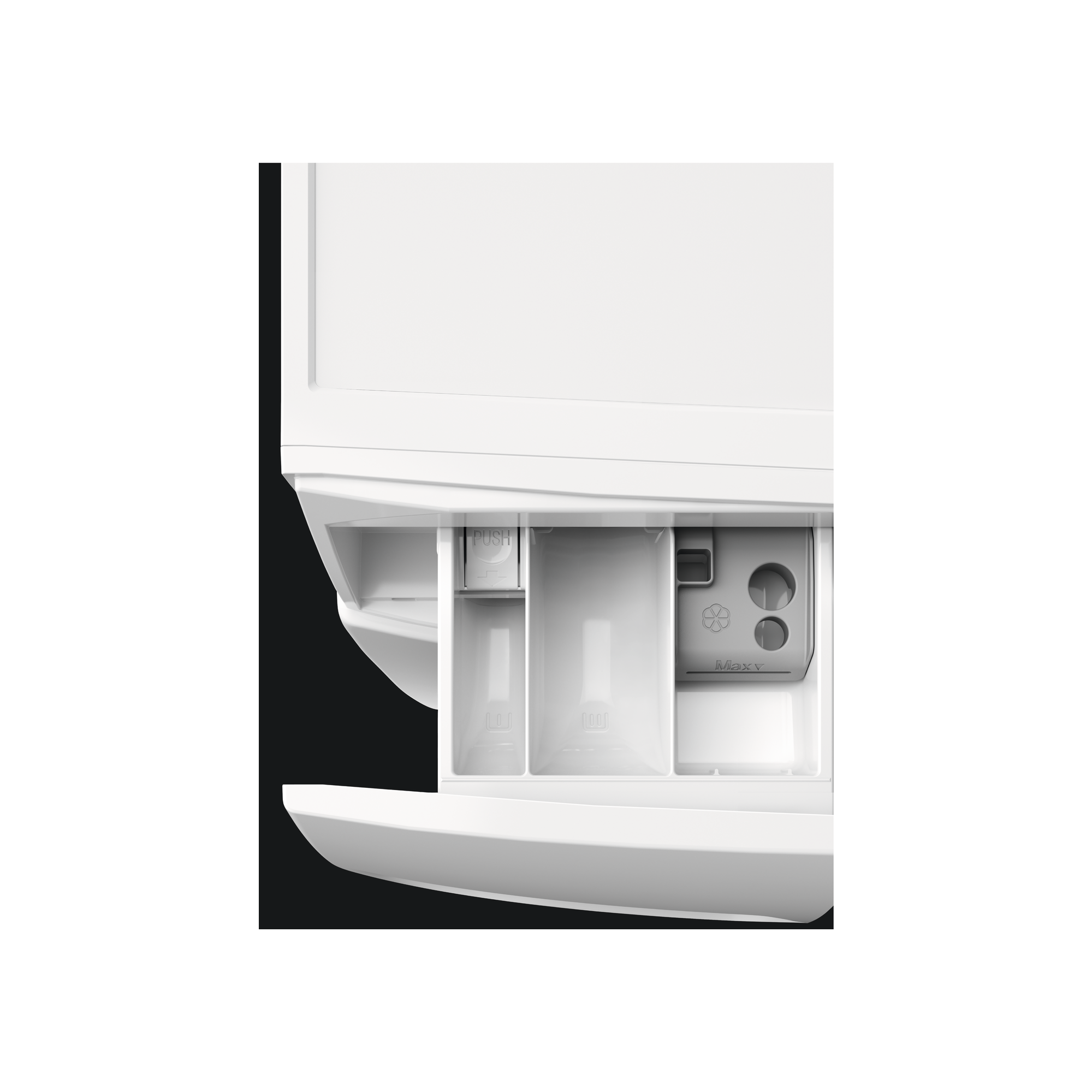 White washing machine detergent drawer, compartments labeled for different uses.