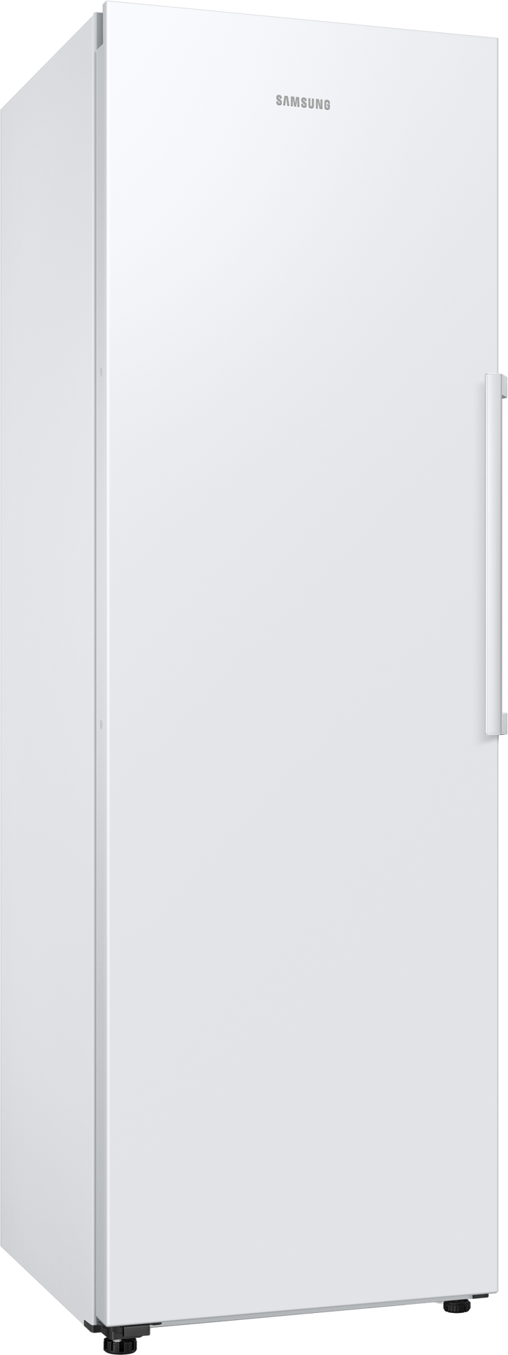 Ein weißer Samsung Gefrierschrank. Er hat einen Griff rechts, Samsung Logo oben und steht auf grauem Untergrund.