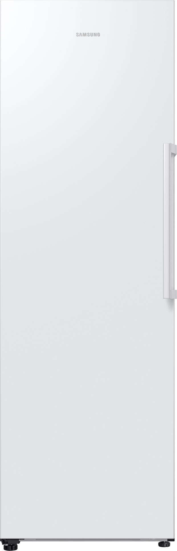 Weißer Samsung Gefrierschrank. Griff rechts, Samsung Logo oben.