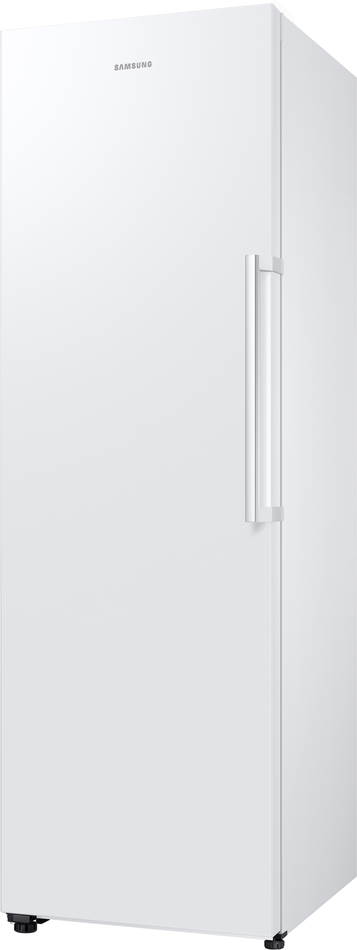 Weißer Samsung Kühlschrank, hoch stehend, mit silbernem Griff und schwarzem Sockel.