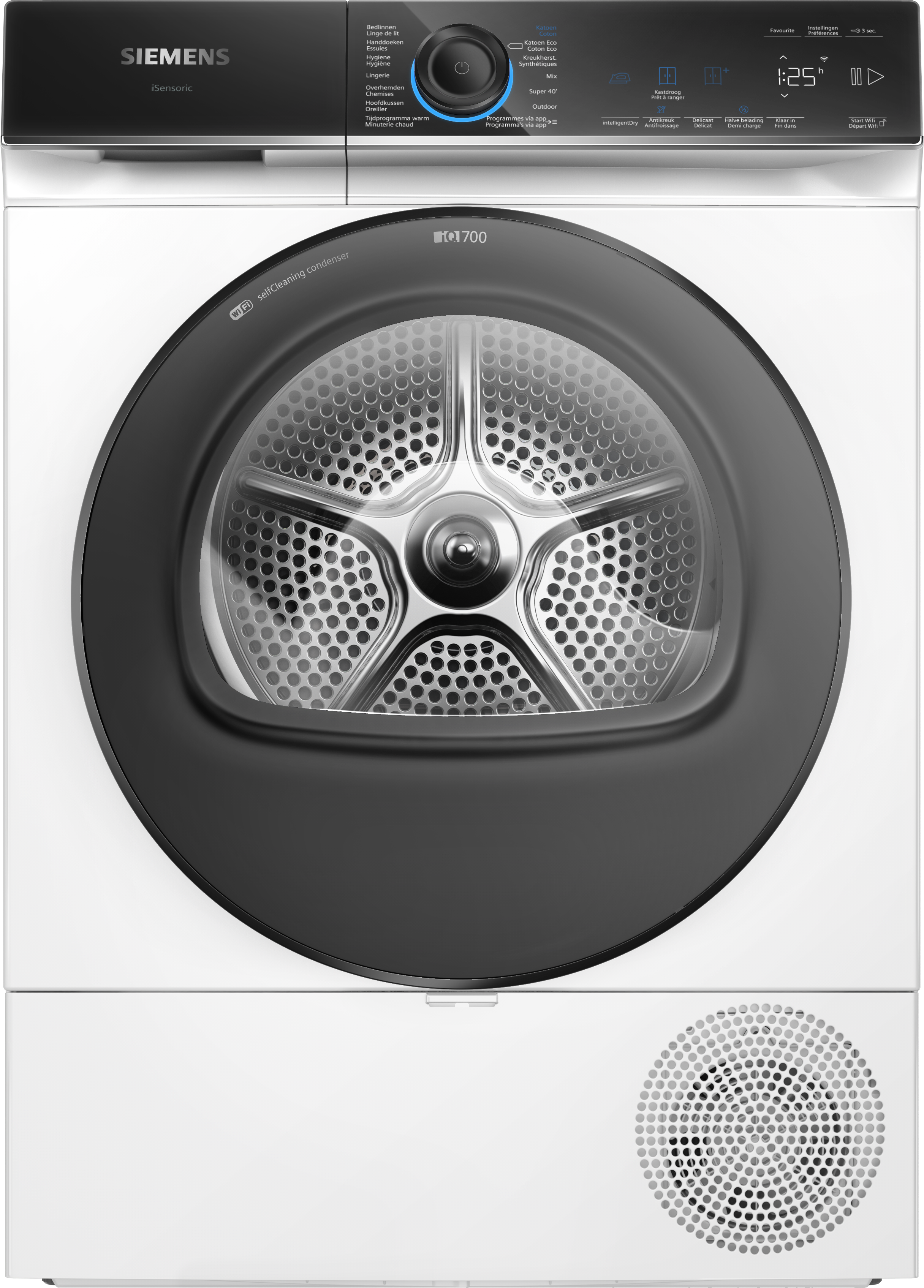 Witte Siemens wasmachine met een zwarte deur en een digitaal display. Bovenaanzicht.