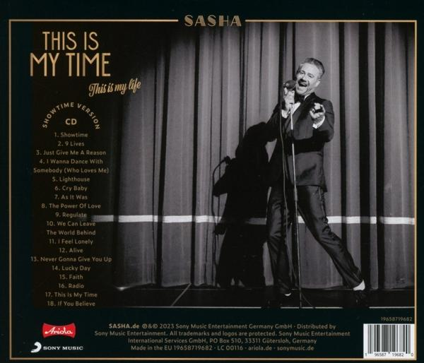 Rückseite eines CD-Covers mit einem singenden Mann, Albumtitel 'This Is My Time'.