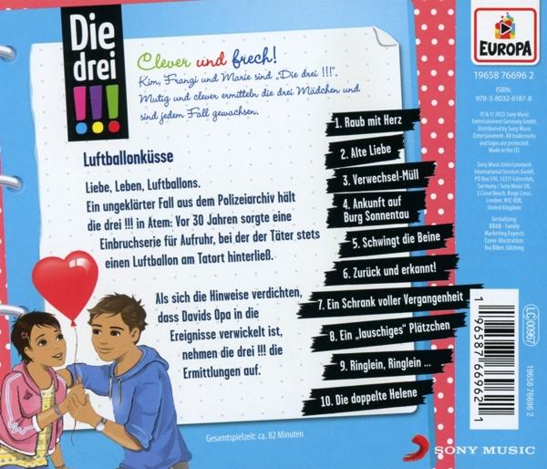 Buchcover von Die Drei !!! mit Text und Cartoon-Illustrationen von drei Mädchen.