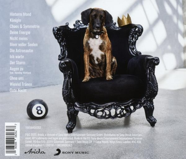 Ein Hund mit Krone sitzt auf einem schwarzen Stuhl, 8-Ball auf dem Boden. Text und Logo sichtbar.