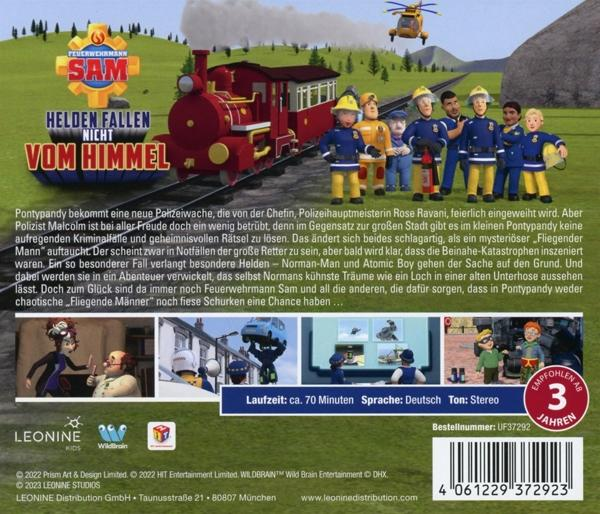 Rückseite einer DVD von Feuerwehrmann Sam, mit Titel und Zeichentrickfiguren.