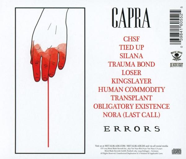 Albumcover mit Hand und Blut, mit einer Liste von Titeln und einem Barcode.