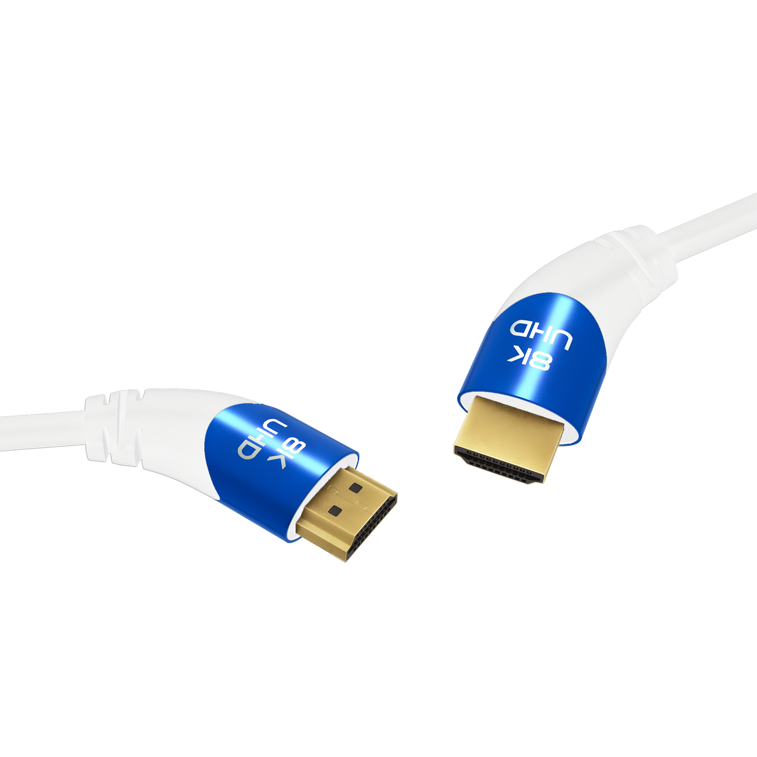 Câble HDMI blanc et bleu avec étiquetage 8K UHD et connecteurs dorés.