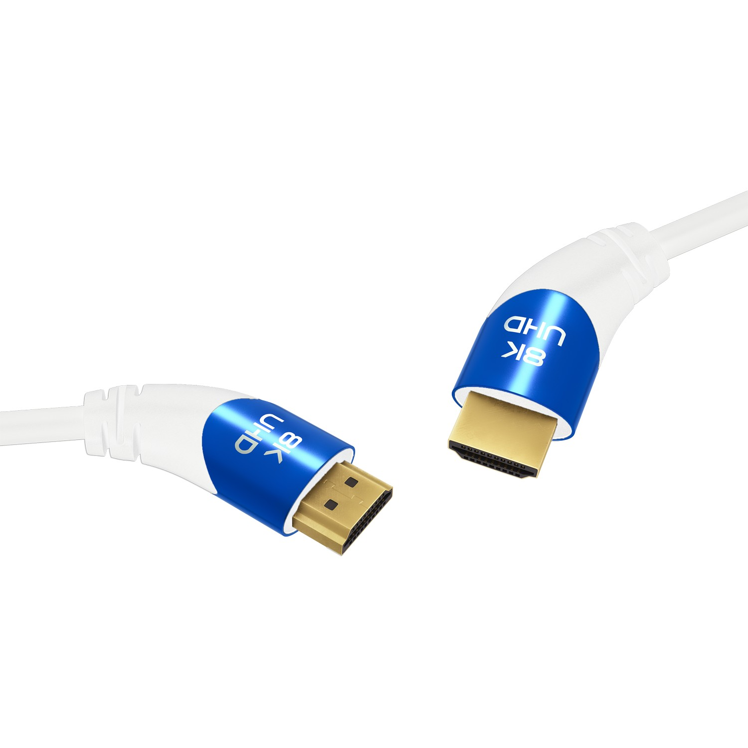 Câbles HDMI blancs avec extrémités bleues branchés sur un connecteur doré.