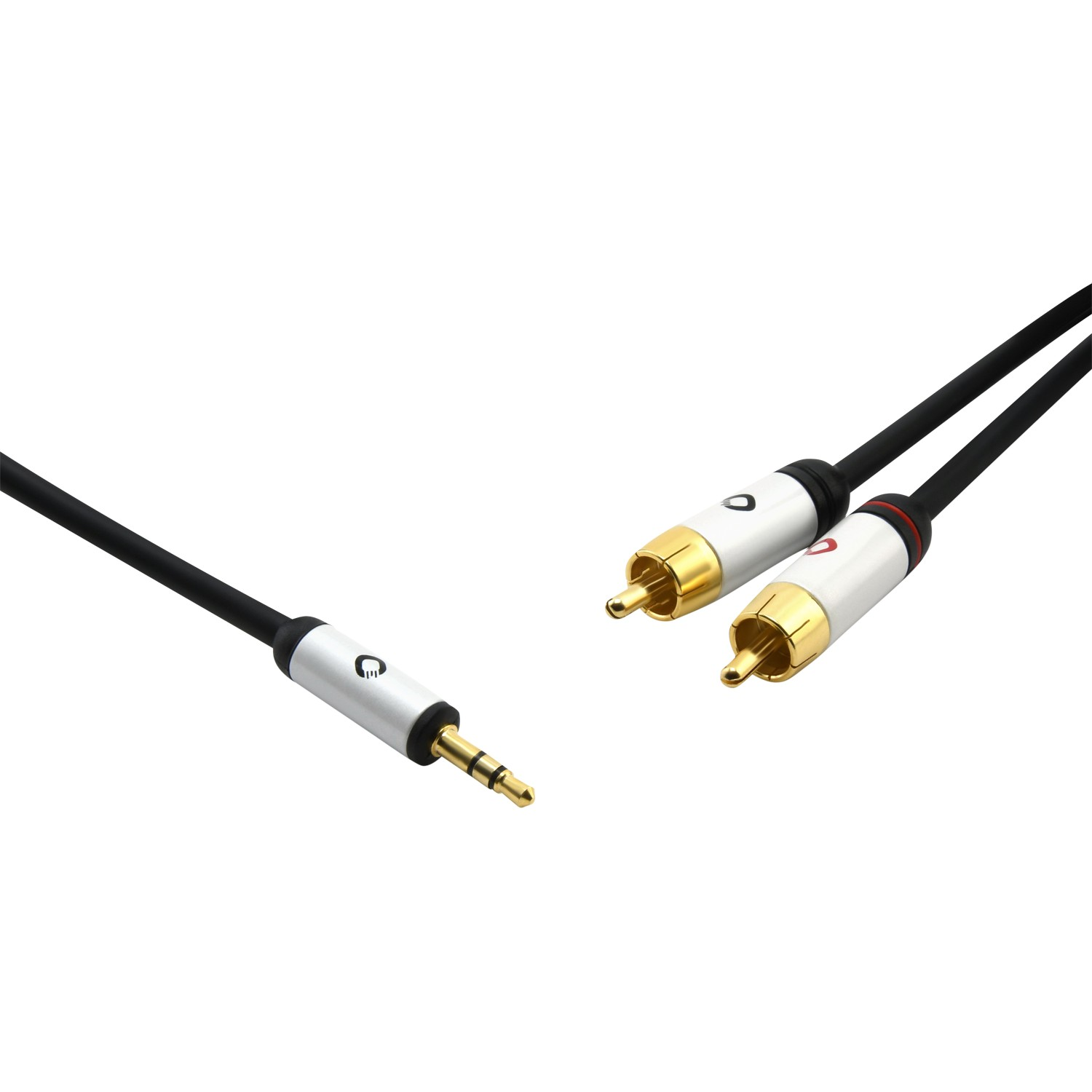 Two audio cables with gold and silver connectors, white background.