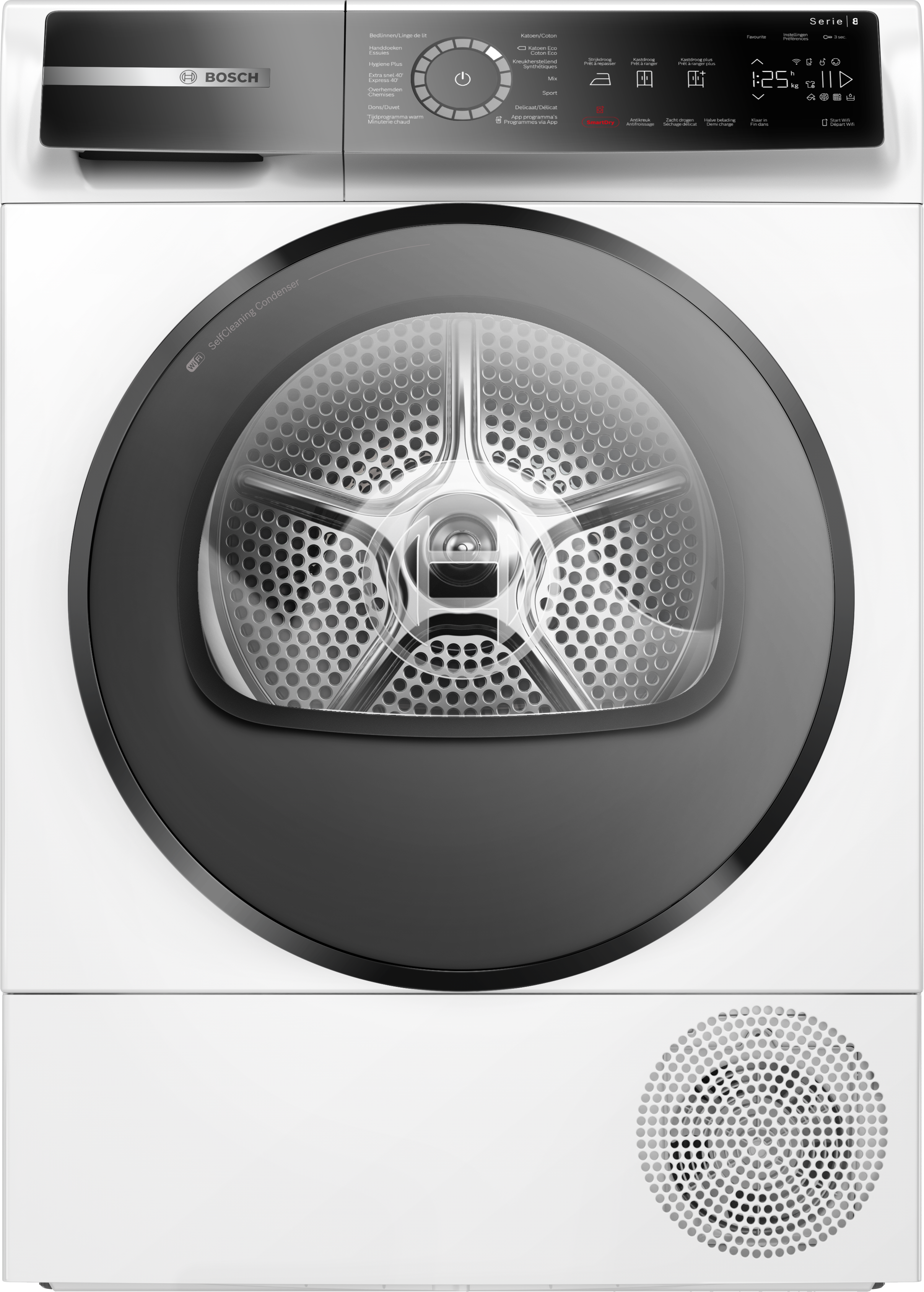 Un lave-linge séchant Bosch blanc. Il a une porte noire, un panneau de commande et une grille d'aération inférieure.