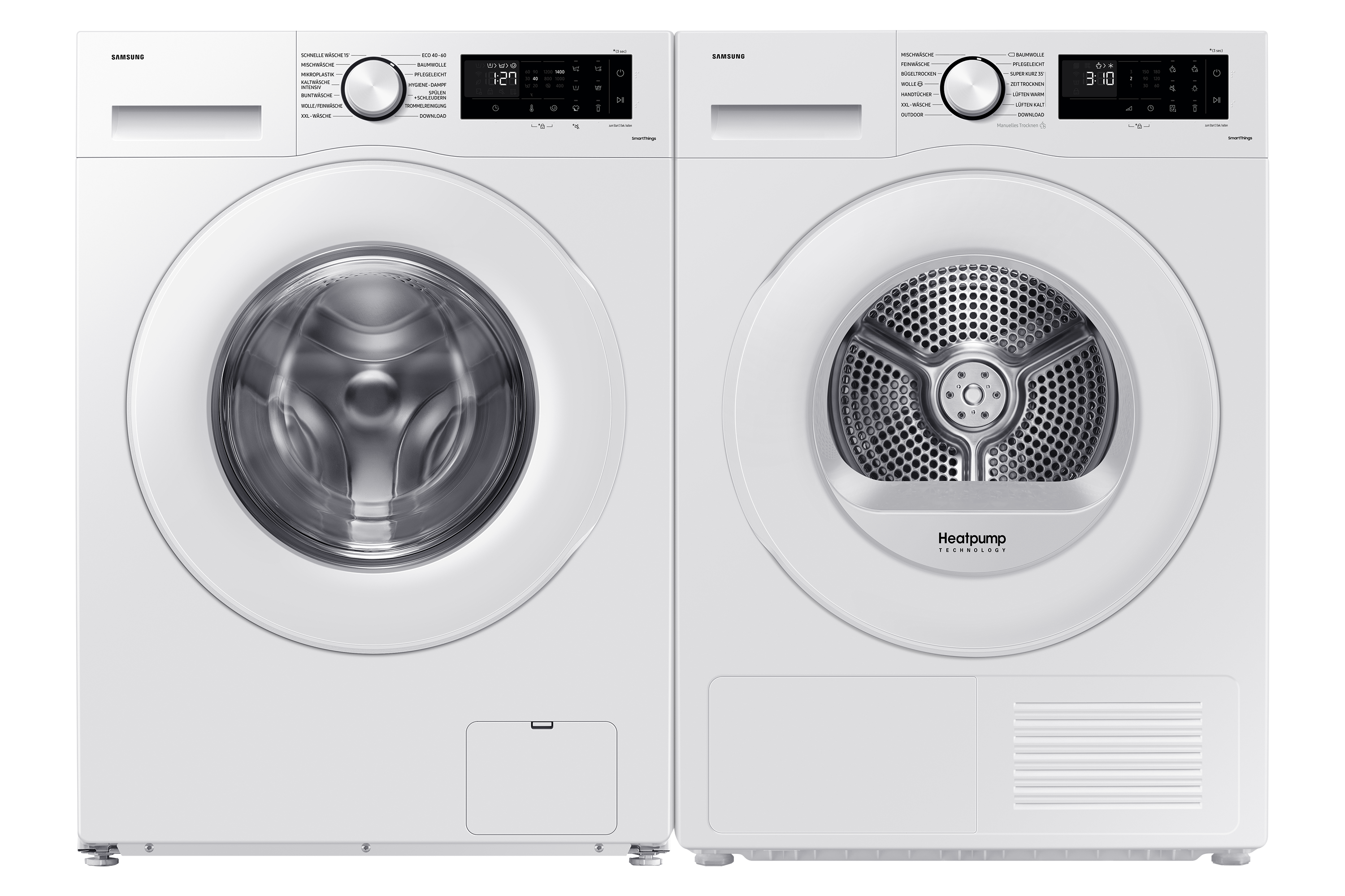 Weißes Samsung Waschmaschinen- und Trockner-Set, Vorderansicht. Beide Geräte haben eine runde Tür und Bedienfeld.