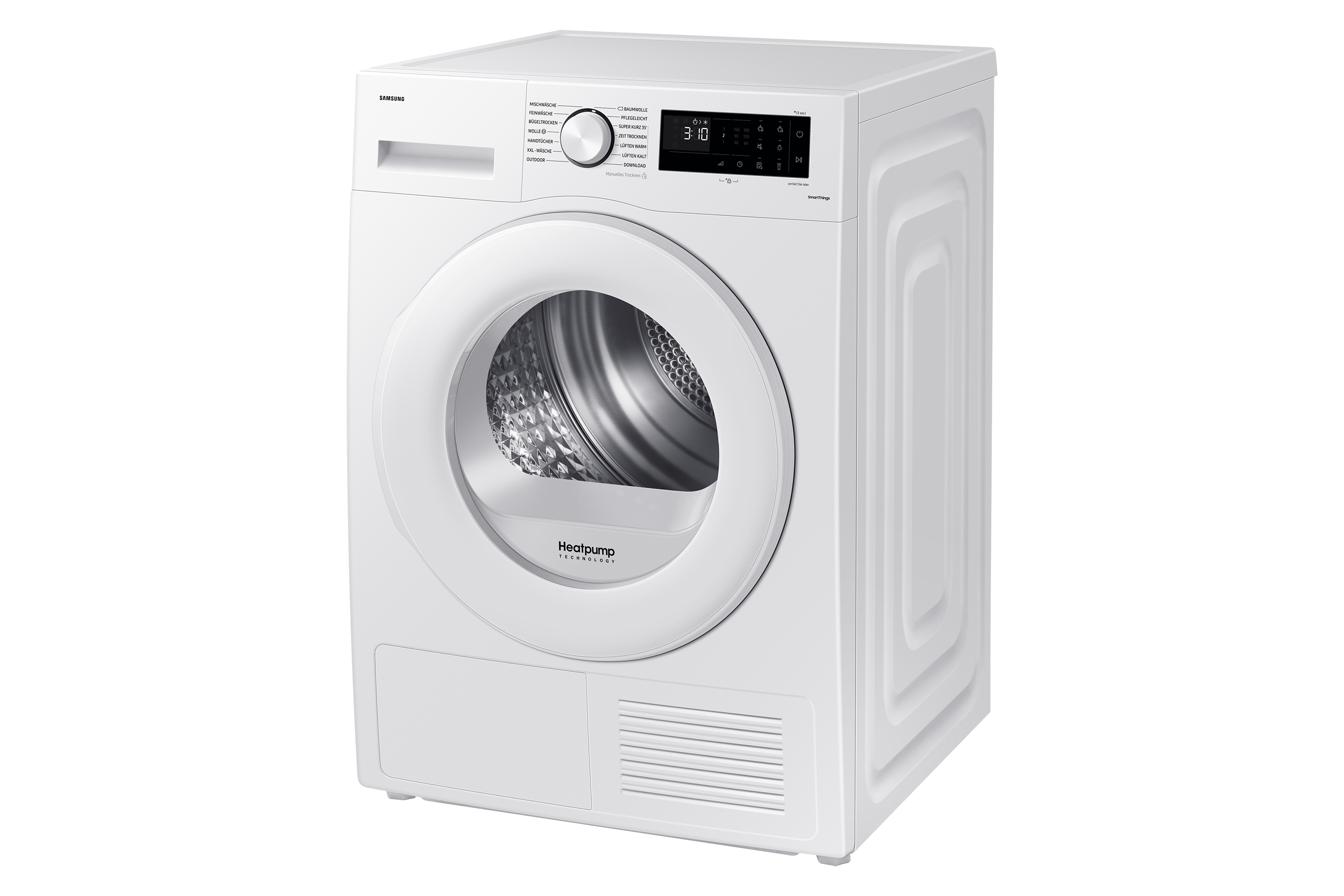 Weißer Samsung Trockner. Frontplatte mit digitaler Anzeige und Bedienelementen. Heatpump-Logo.