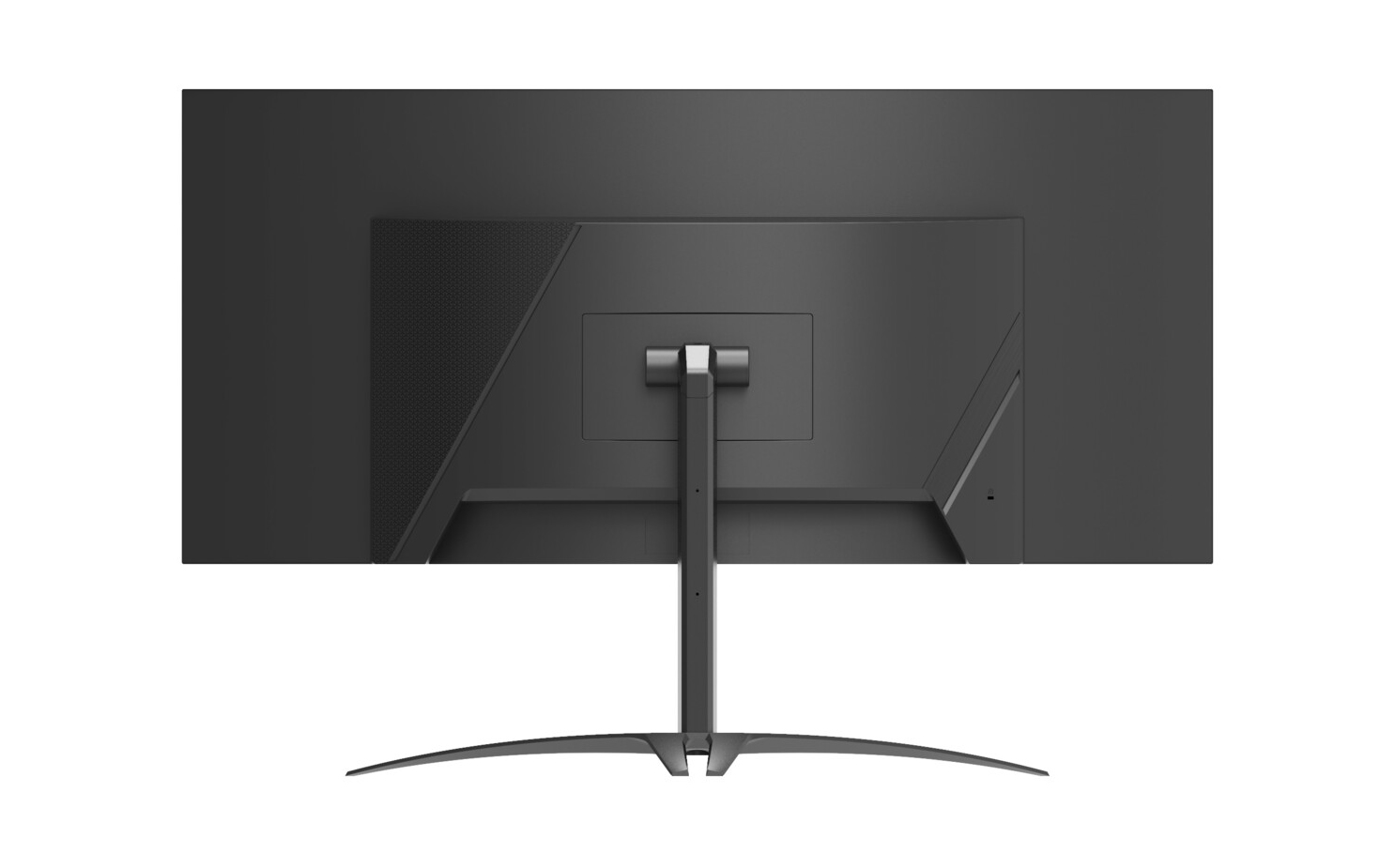 Rückseite eines schwarzen Monitors. Der Ständer ist gebogen, der Bildschirm von einem schwarzen Rahmen umgeben.