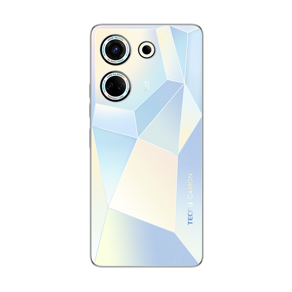 Geometrik tasarımlı bir akıllı telefonun arkası. İki kamera ve Tecno Camon logosu bulunur.