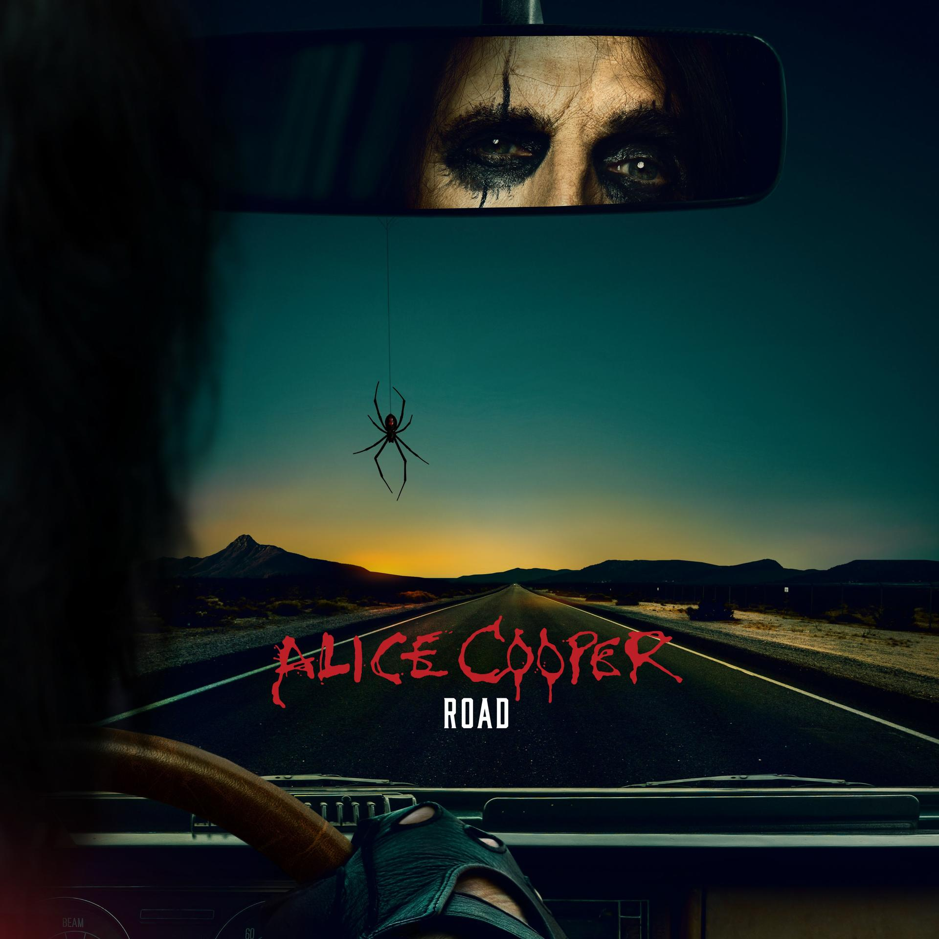 Alice Cooper Road album borítója. Egy pók lóg egy visszapillantó tükörből, sötét utat szemlél.