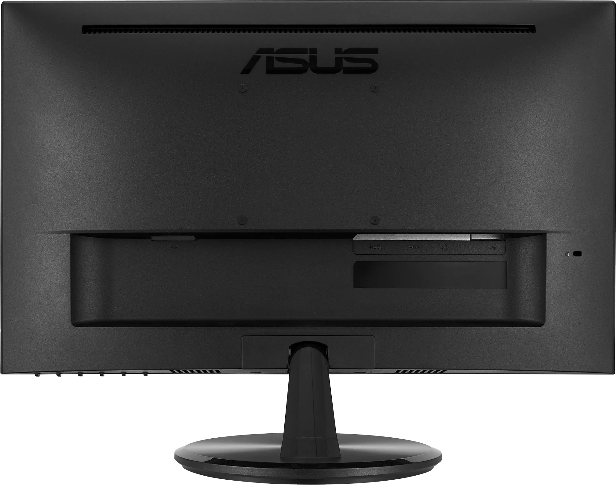 Retro di un monitor Asus nero con porte e supporto. Porte HDMI, VGA e alimentazione visibili.