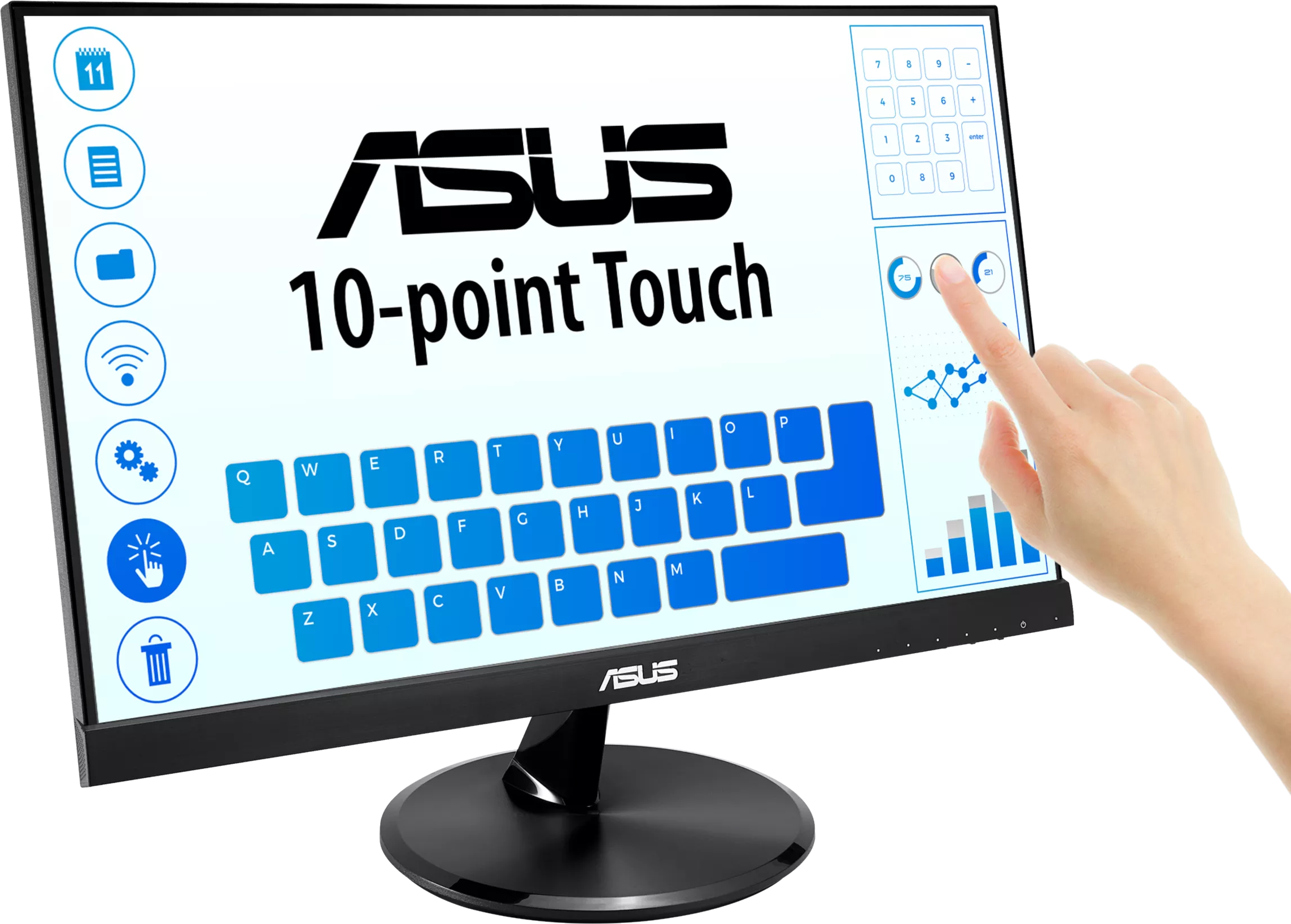 Un monitor touchscreen ASUS. Una mano tocca lo schermo. Visualizzazione tastiera, icone e logo ASUS.